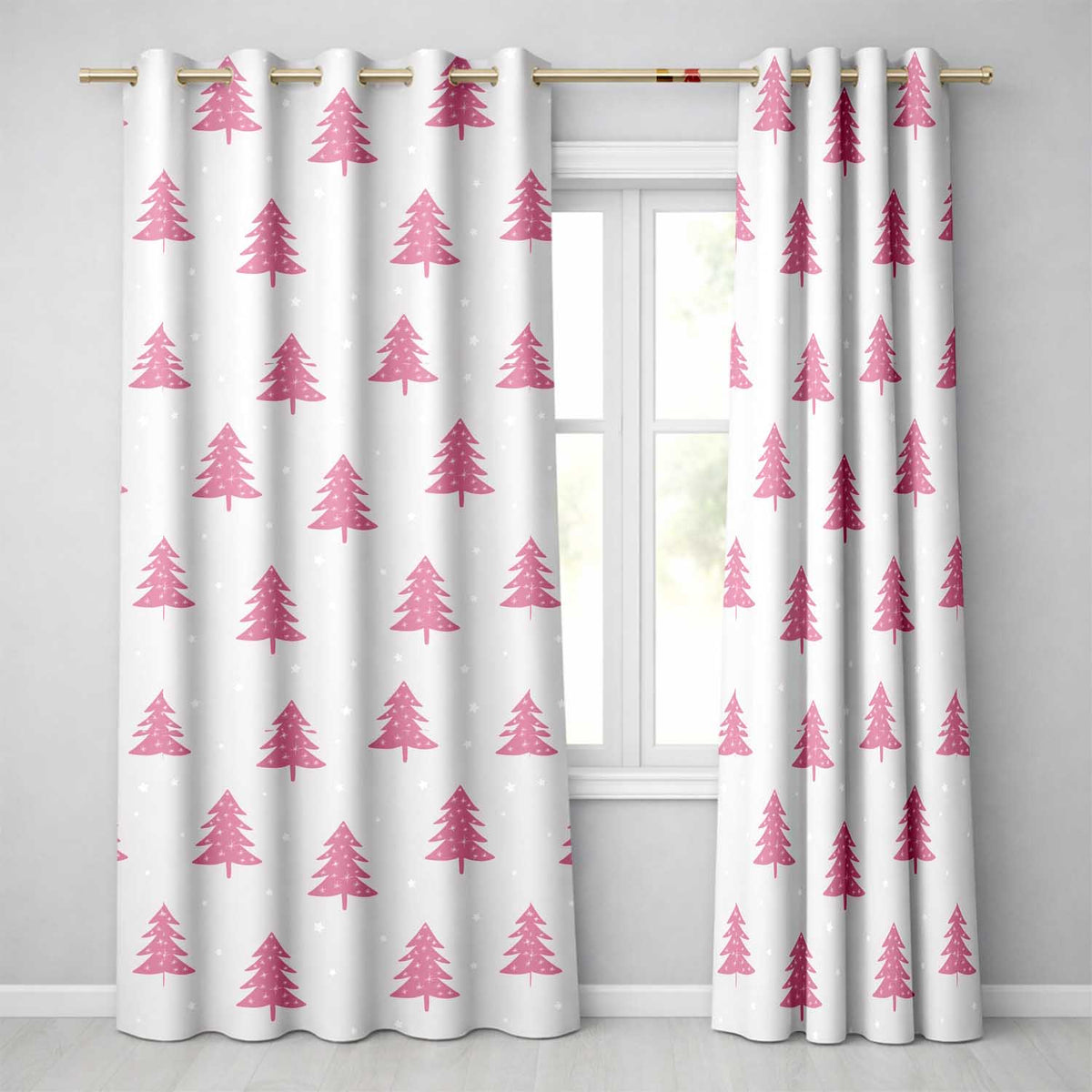 Minimal Pink Christmas Tree Scandinavian Festive Pattern Design UK Readymade Eyelet Ring Top Thermal 100% Blackout Curtains
