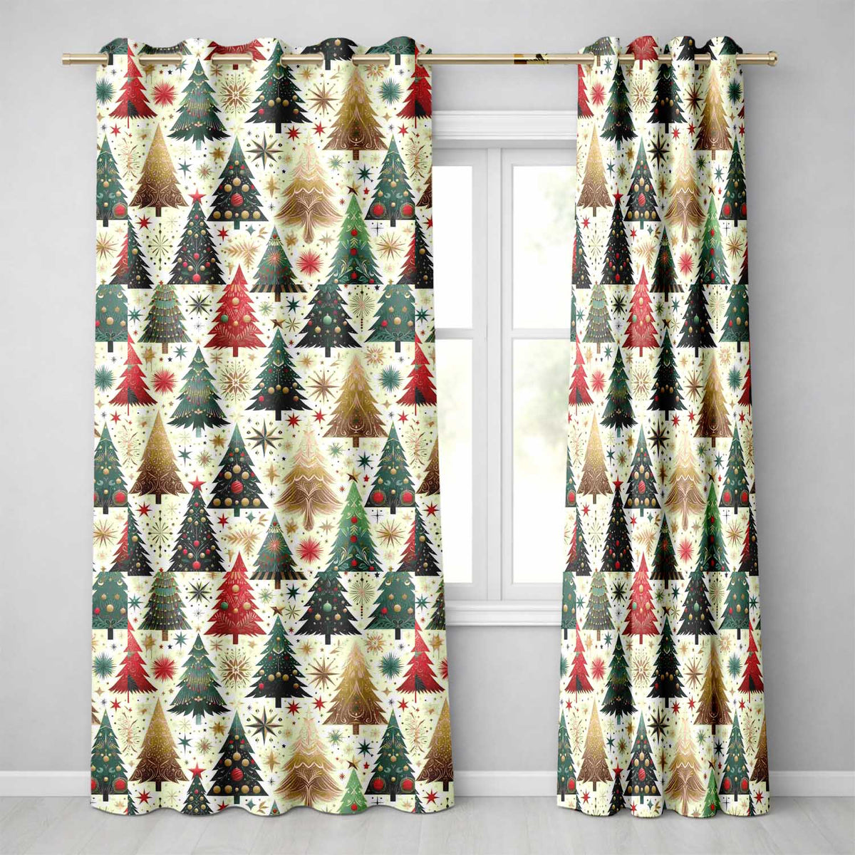 Elegant Retro Christmas Tree Starburst Festive Pattern Design UK Readymade Eyelet Ring Top Thermal 100% Blackout Curtains