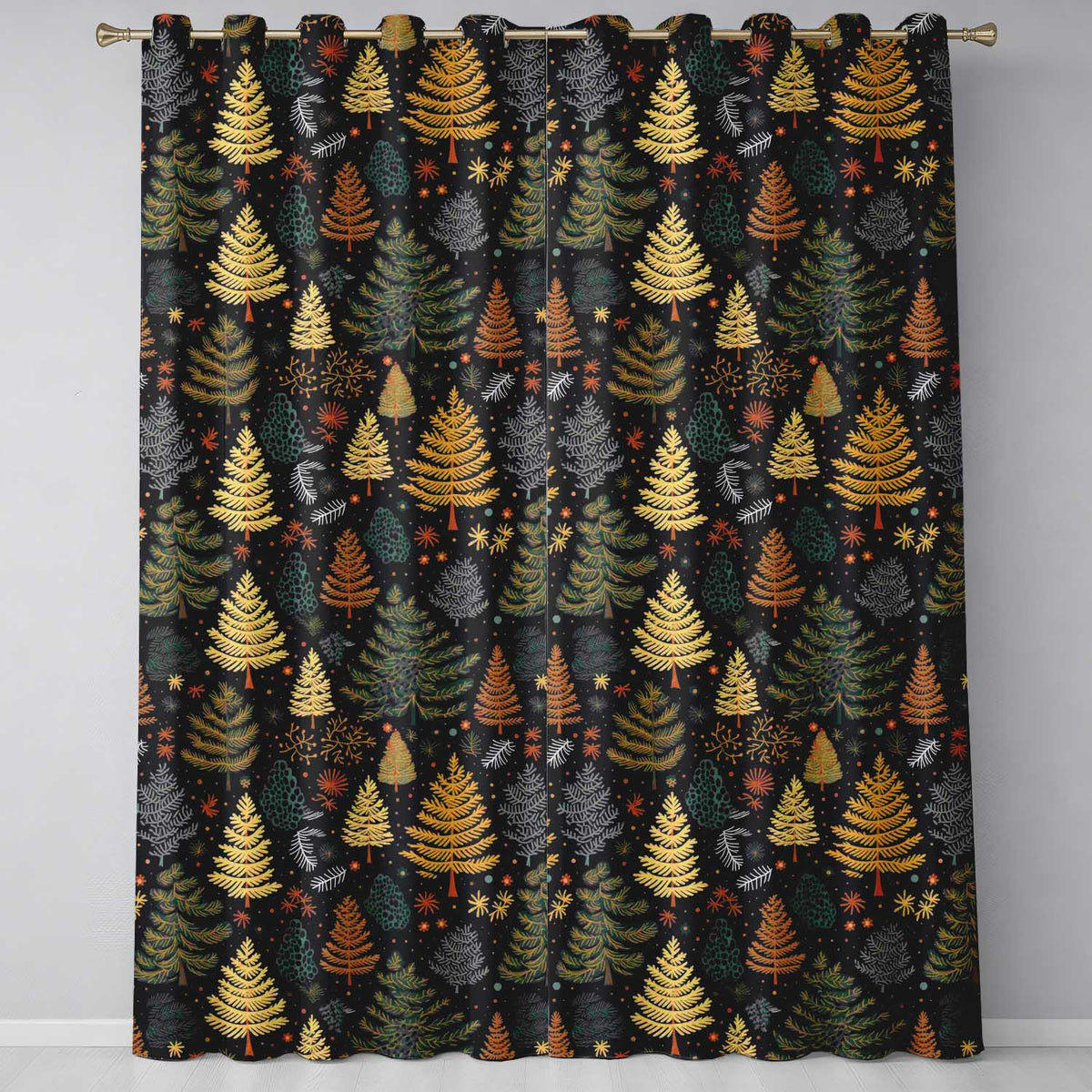 Dark Woodland Christmas Tree Nature Festive Pattern Design UK Readymade Eyelet Ring Top Thermal 100% Blackout Curtains