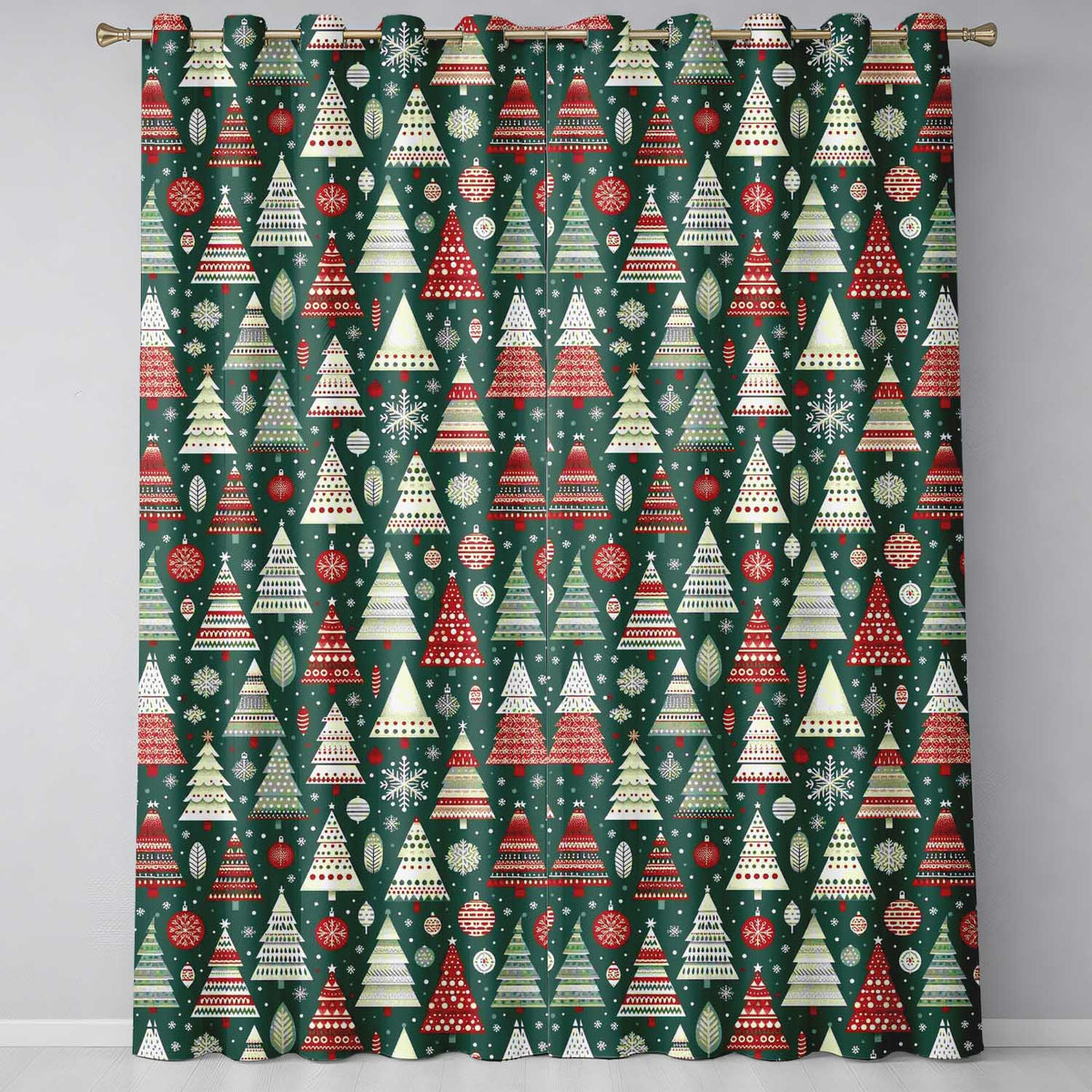 Nordic Green Christmas Tree Snowflake Festive Pattern Design UK Readymade Eyelet Ring Top Thermal 100% Blackout Curtains