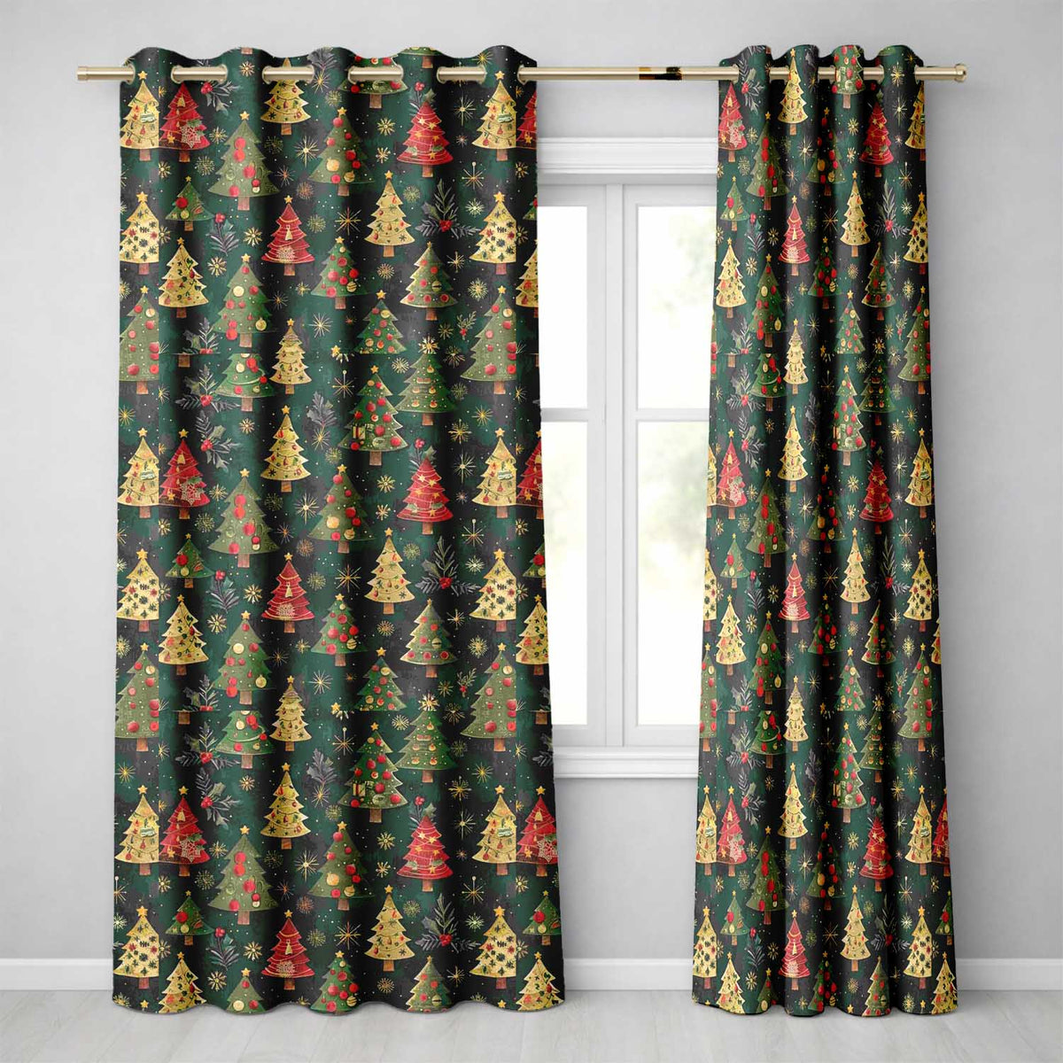 Elegant Dark Christmas Tree Starry Festive Pattern Design UK Readymade Eyelet Ring Top Thermal 100% Blackout Curtains