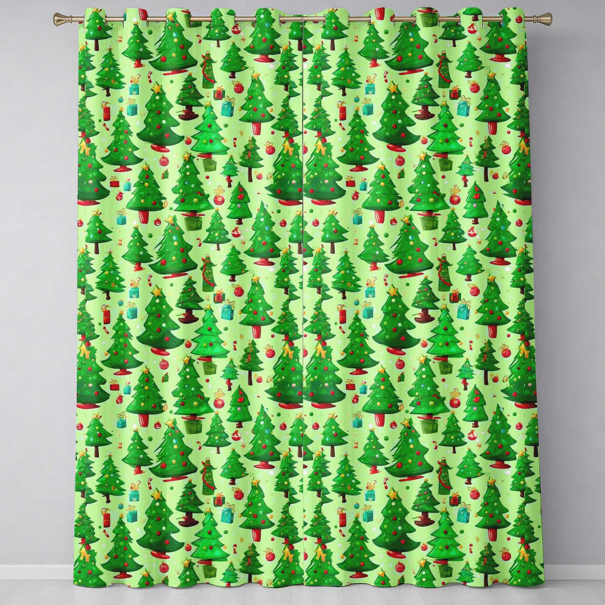 Whimsical Christmas Tree Gift Ornament Festive Pattern Design UK Readymade Eyelet Ring Top Thermal 100% Blackout Curtains