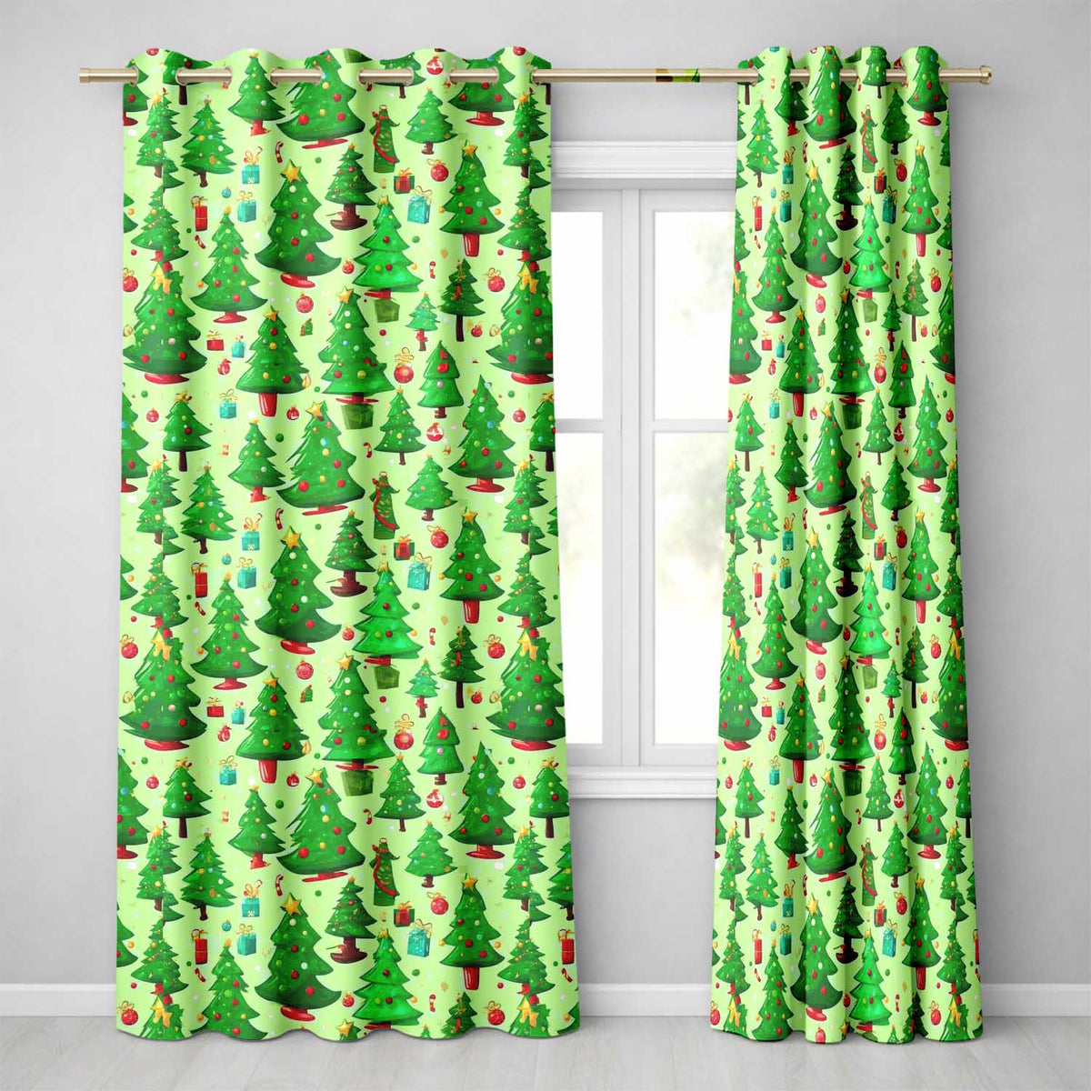 Whimsical Christmas Tree Gift Ornament Festive Pattern Design UK Readymade Eyelet Ring Top Thermal 100% Blackout Curtains