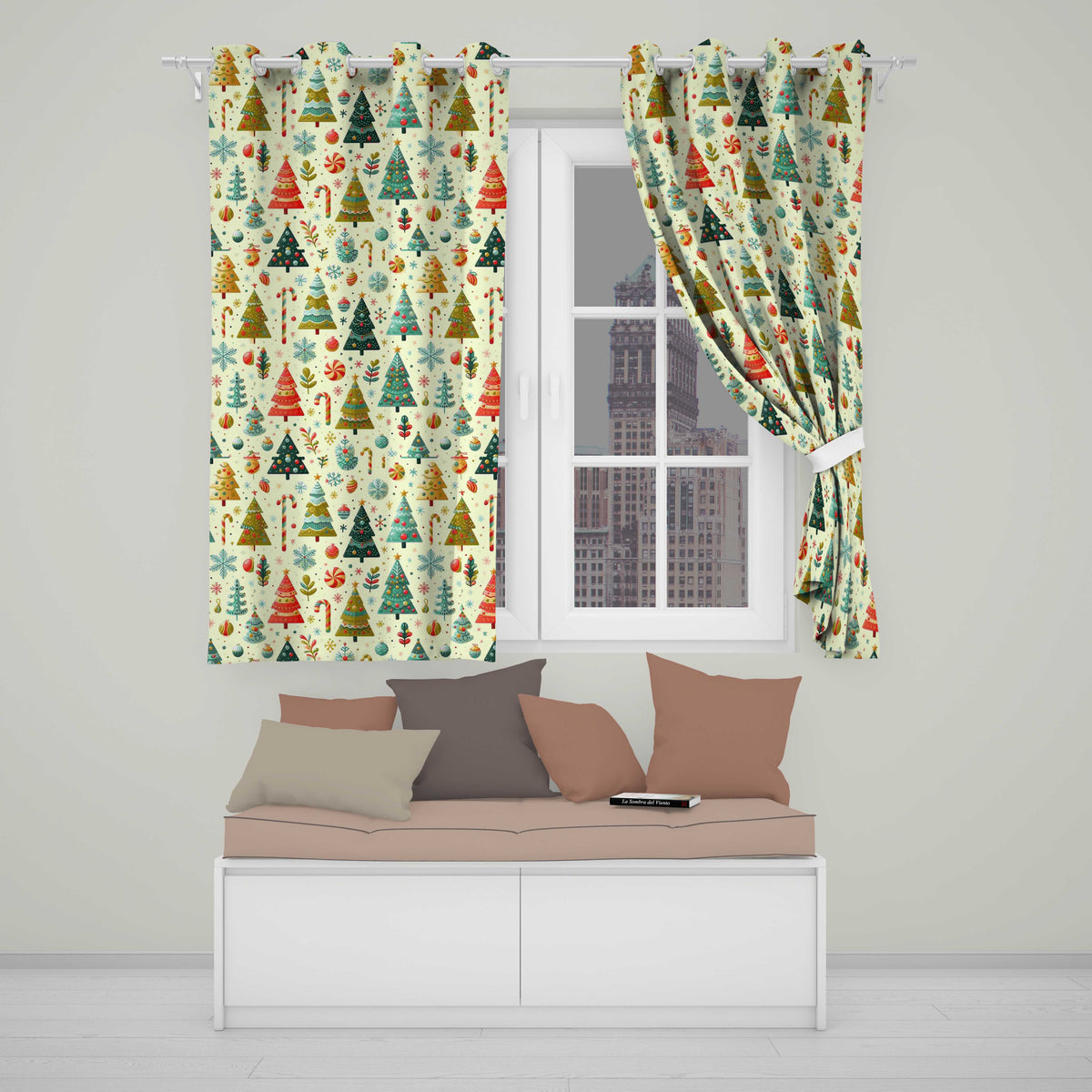 Retro Christmas Tree Candy Cane Festive Pattern Design UK Readymade Eyelet Ring Top Thermal 100% Blackout Curtains