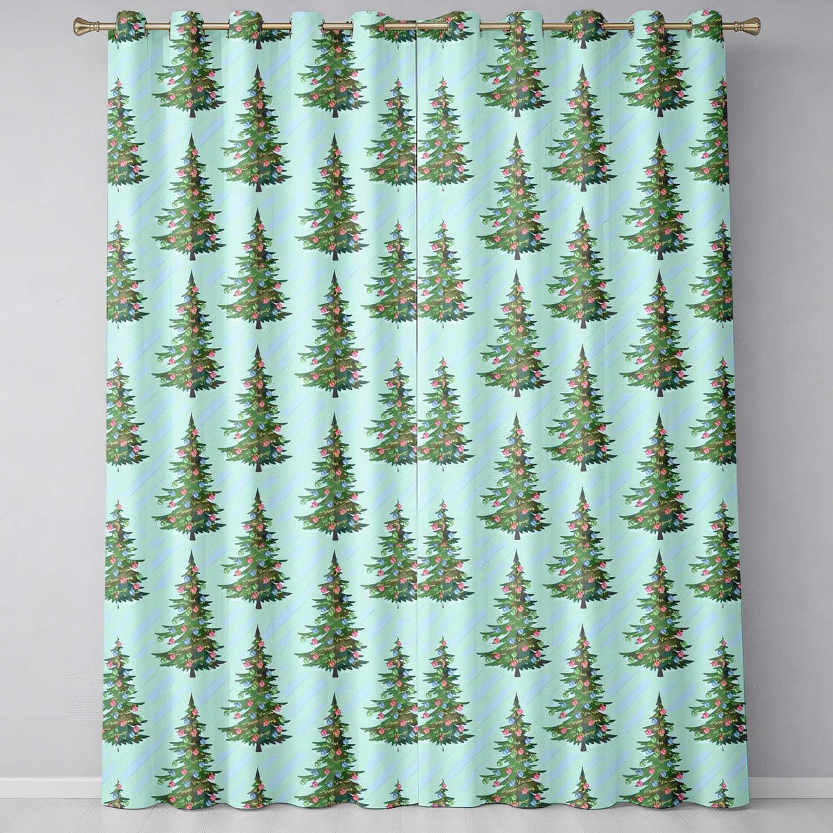 Pastel Blue Christmas Tree Ornament Festive Pattern Design UK Readymade Eyelet Ring Top Thermal 100% Blackout Curtains