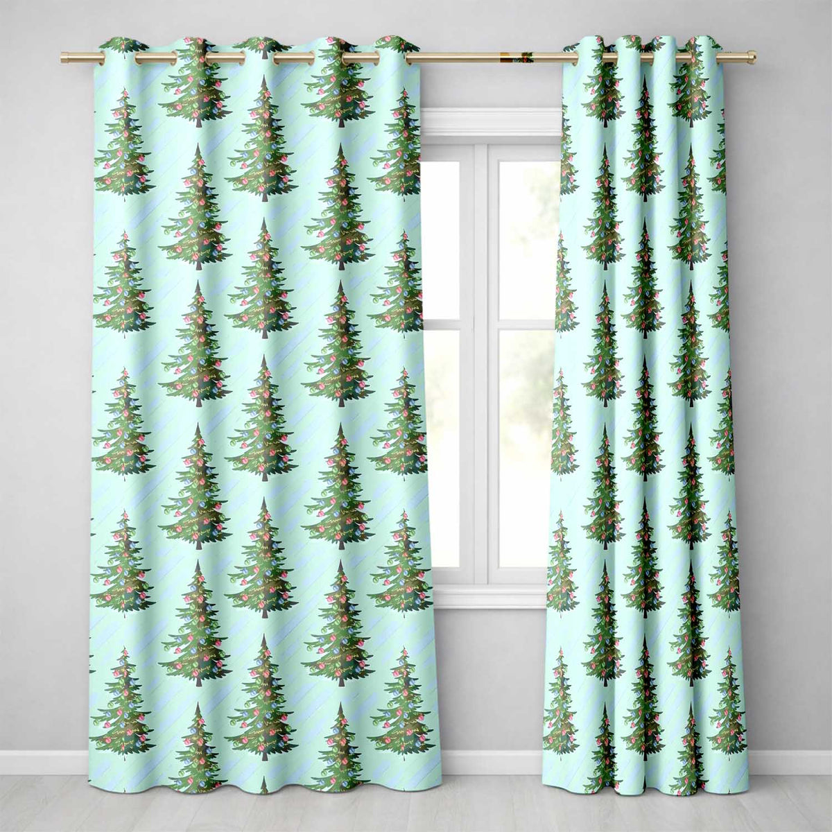 Pastel Blue Christmas Tree Ornament Festive Pattern Design UK Readymade Eyelet Ring Top Thermal 100% Blackout Curtains