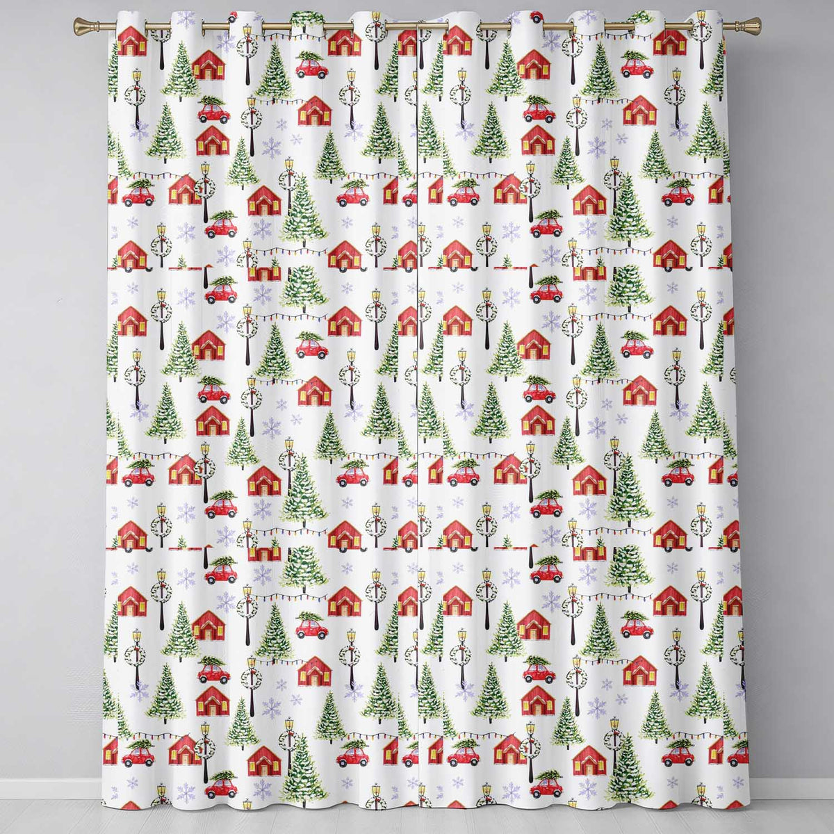 Watercolour Christmas Village Red Car Tree Festive Pattern Design UK Readymade Eyelet Ring Top Thermal 100% Blackout Curtains