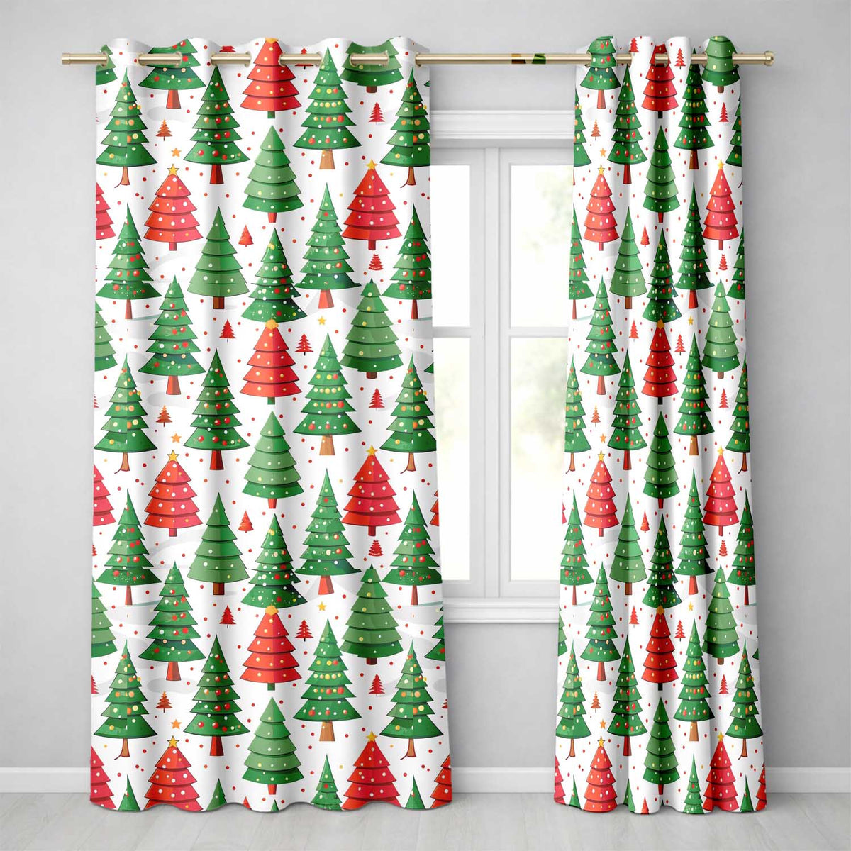 Red Green Christmas Tree Polka Dot Festive Pattern Design UK Readymade Eyelet Ring Top Thermal 100% Blackout Curtains