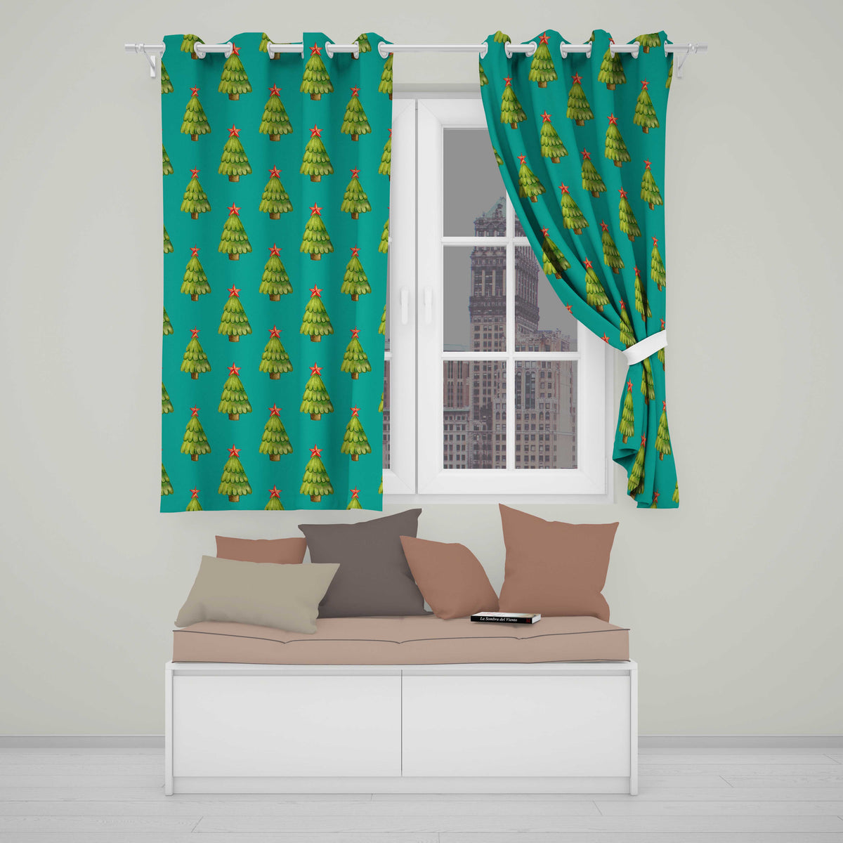 Teal Christmas Tree Watercolor Pattern Festive Room DraperiesUK Readymade Eyelet Ring Top Thermal 100% Blackout Curtains