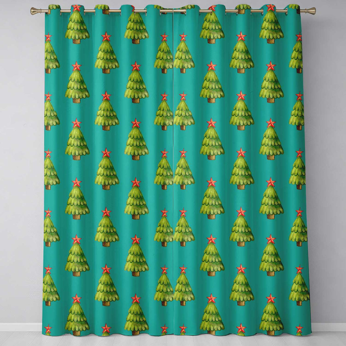 Teal Christmas Tree Watercolor Pattern Festive Room DraperiesUK Readymade Eyelet Ring Top Thermal 100% Blackout Curtains