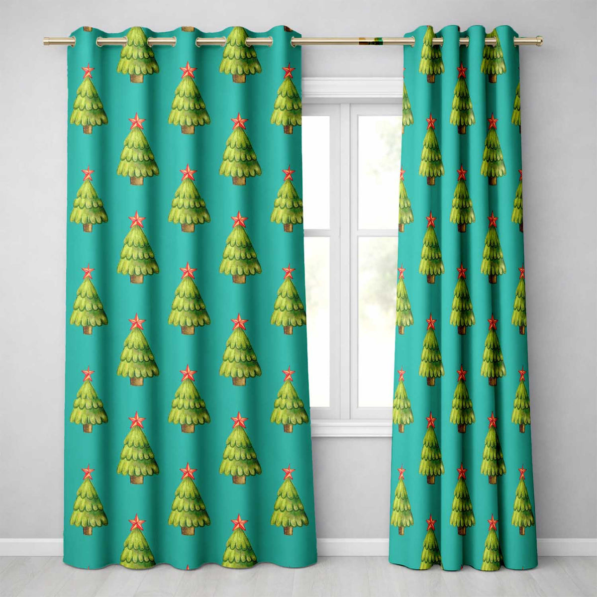 Teal Christmas Tree Watercolor Pattern Festive Room DraperiesUK Readymade Eyelet Ring Top Thermal 100% Blackout Curtains