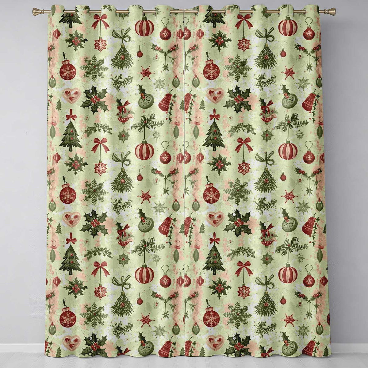Scandi Christmas Ornament Pine Branch Festive Curtain Draperies Readymade Eyelet Ring Top Thermal 100% Blackout Curtains