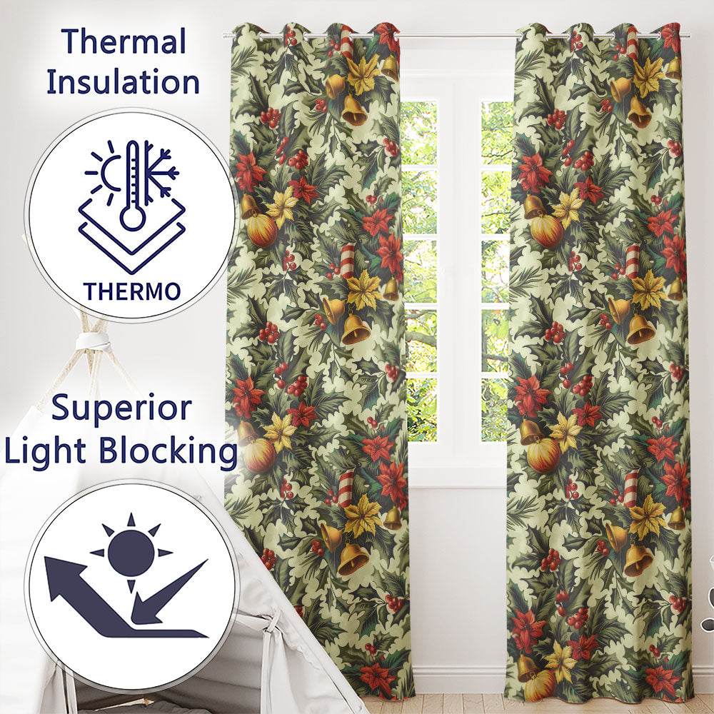 Luxury Holly Berry Bell Christmas Botanical Curtain StylingHome Readymade Eyelet Ring Top Thermal 100% Blackout Curtains