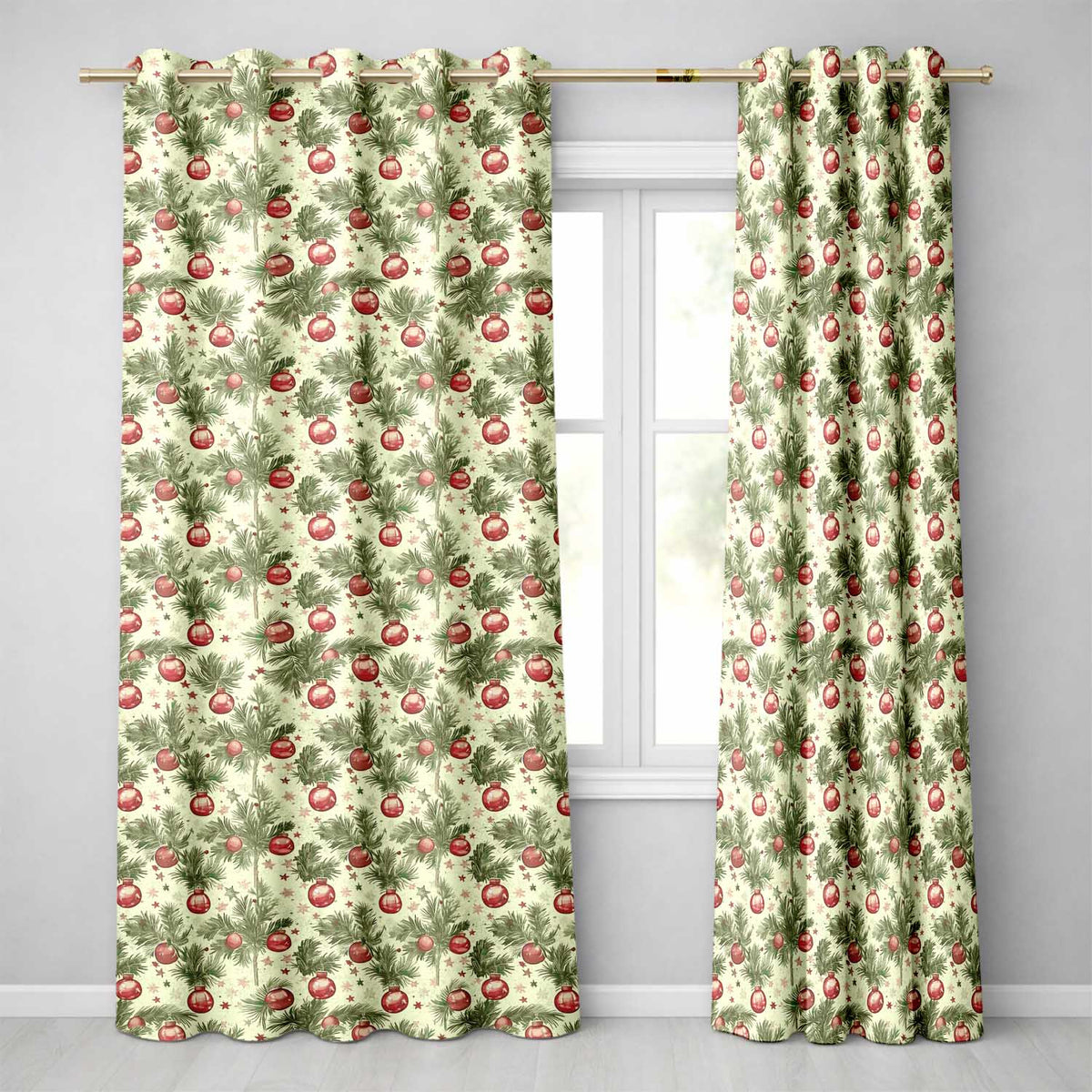 Vintage Christmas Pine Ornament Repeat Holiday Curtain PanelsUK Readymade Eyelet Ring Top Thermal 100% Blackout Curtains