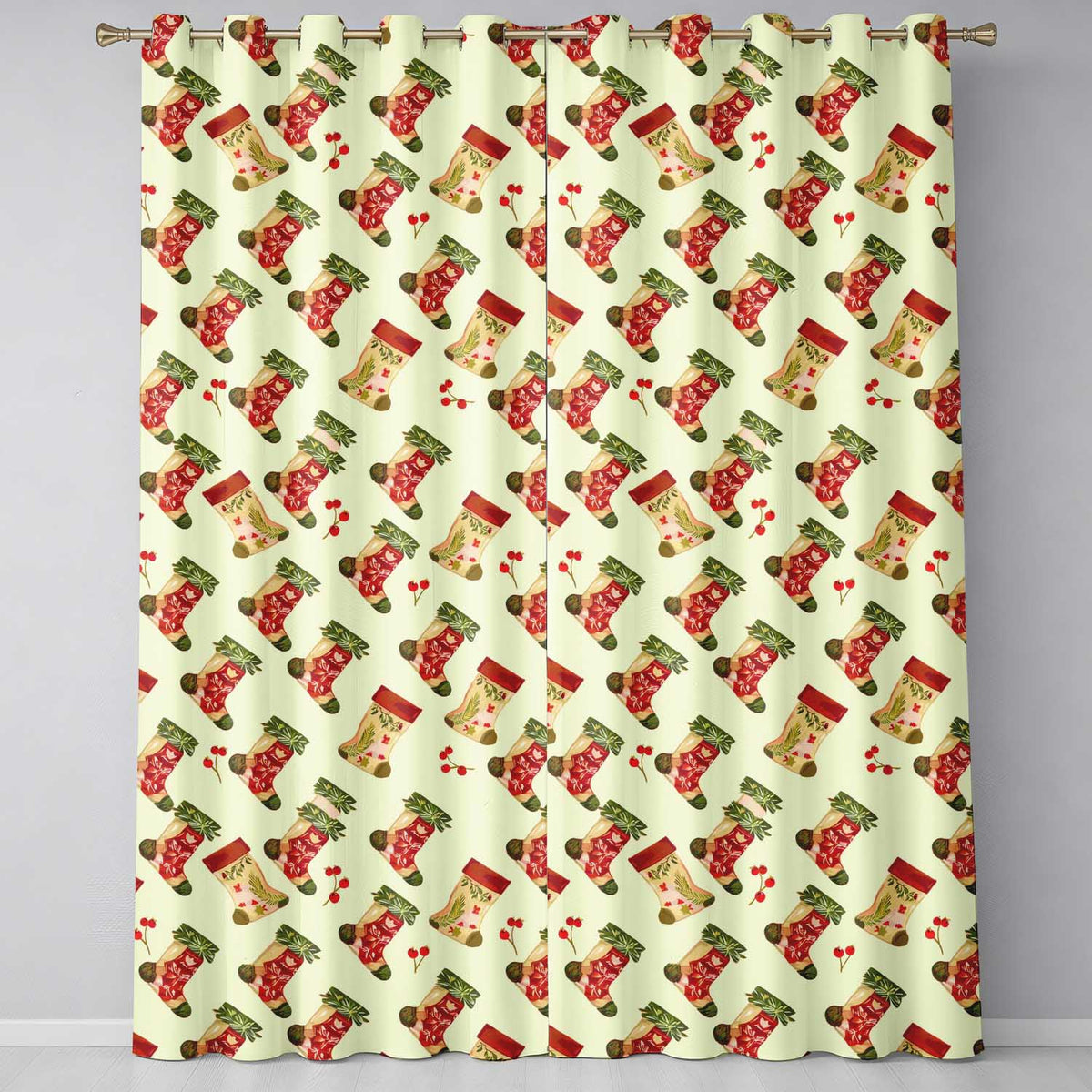 Festive Christmas Stocking Repeat Holiday Curtain Window Decor Readymade Eyelet Ring Top Thermal 100% Blackout Curtains