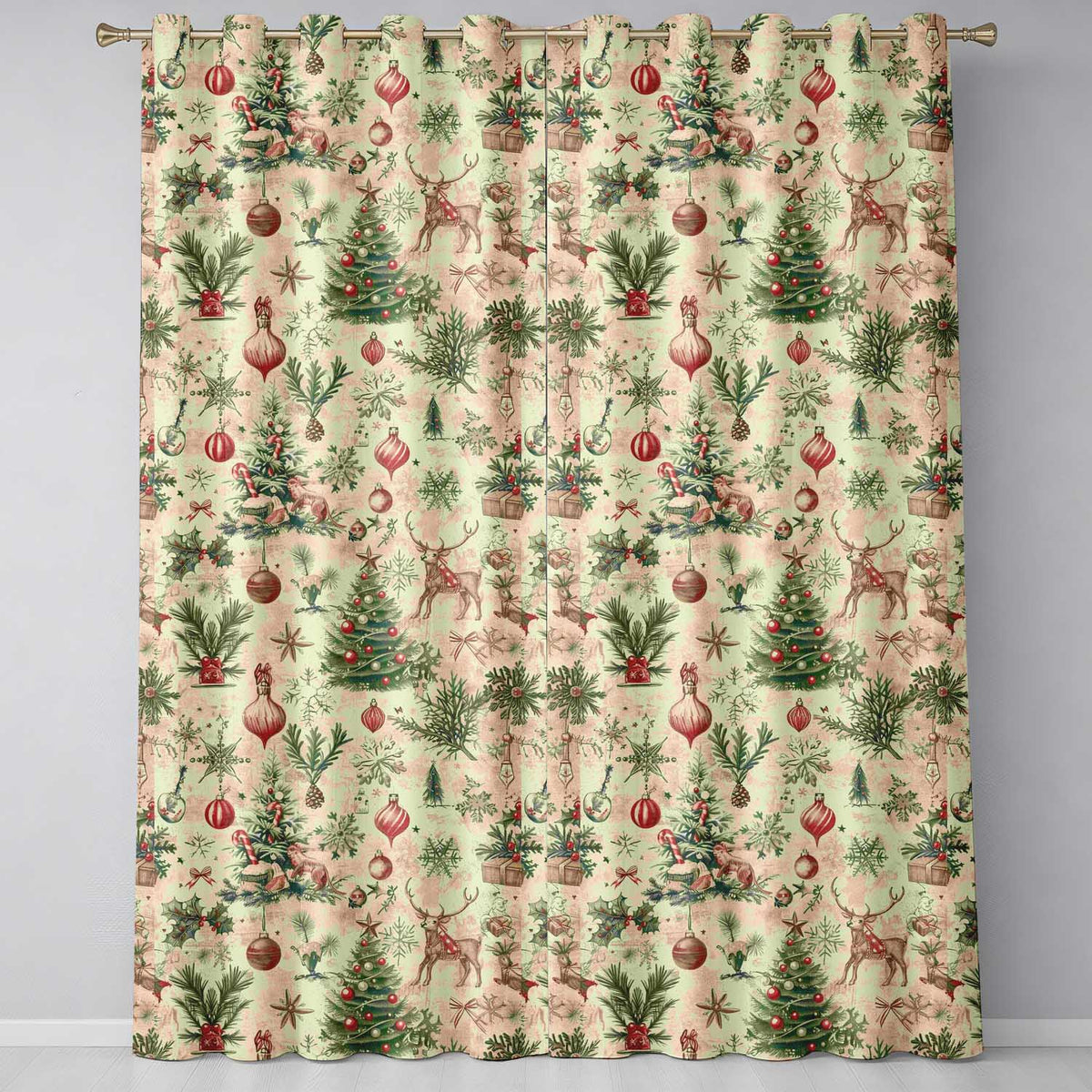 Vintage Christmas Reindeer Tree Snowflake Holiday CurtainsUK Readymade Eyelet Ring Top Thermal 100% Blackout Curtains