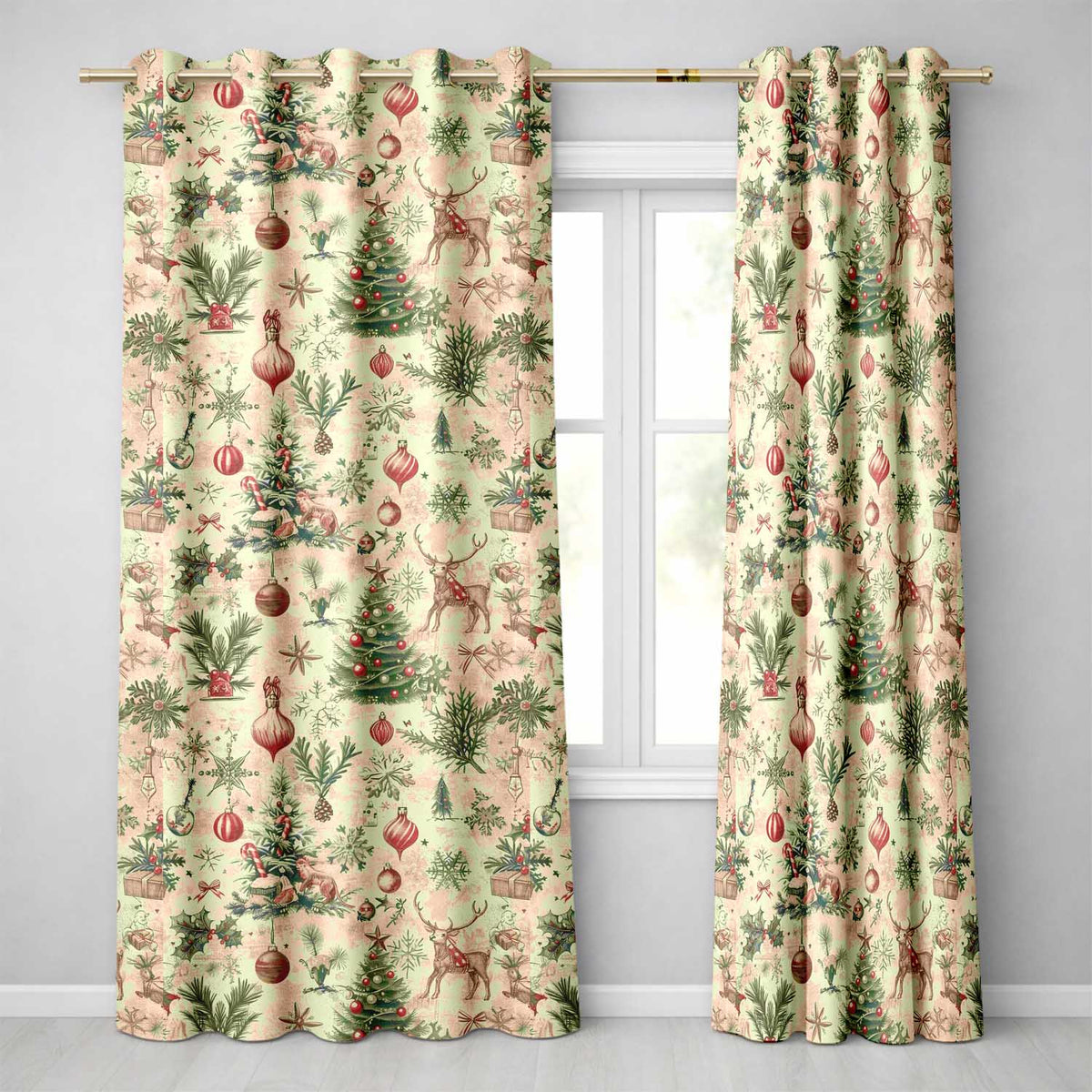 Vintage Christmas Reindeer Tree Snowflake Holiday CurtainsUK Readymade Eyelet Ring Top Thermal 100% Blackout Curtains