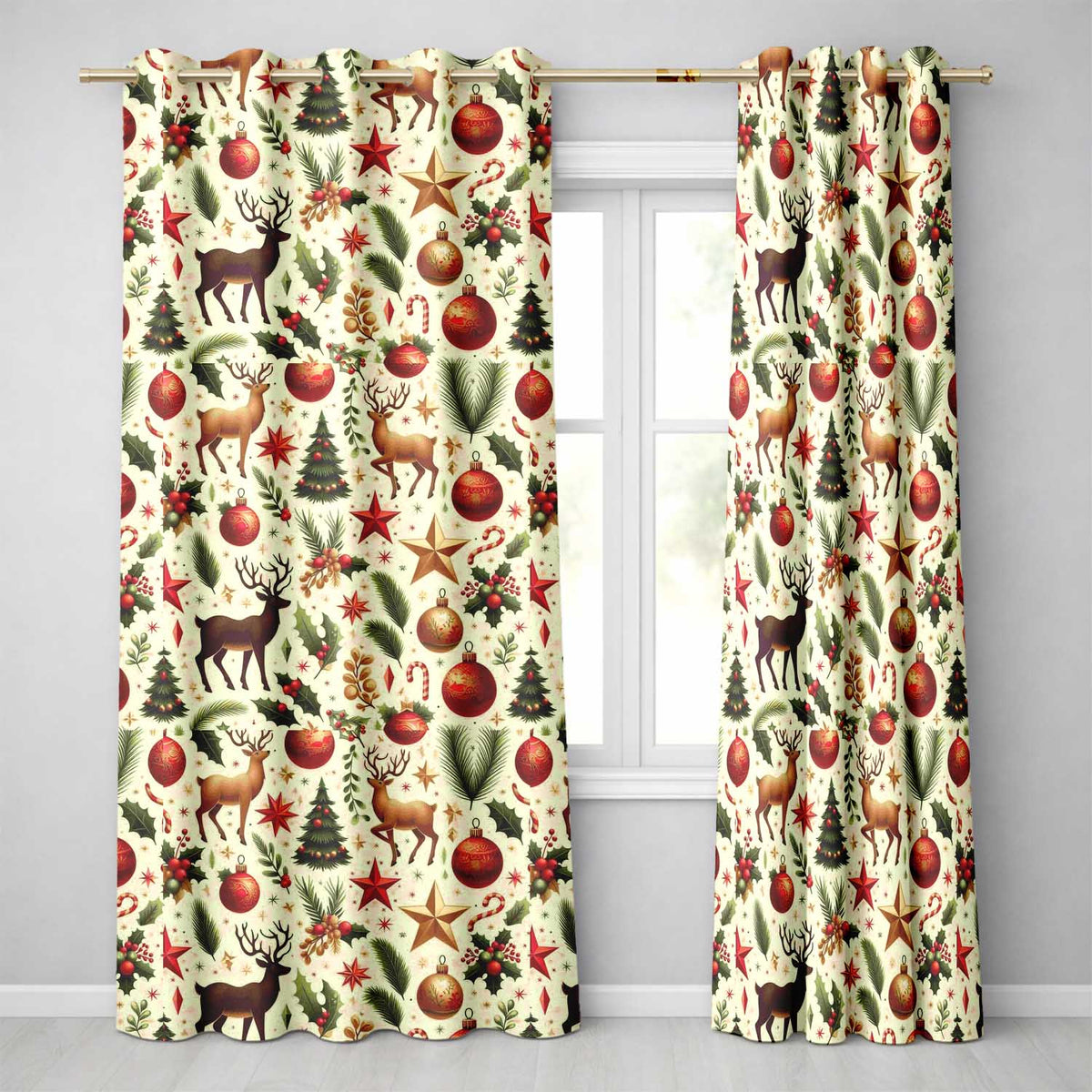Festive Reindeer Holly Ornament Christmas Curtain Panels Readymade Eyelet Ring Top Thermal 100% Blackout Curtains