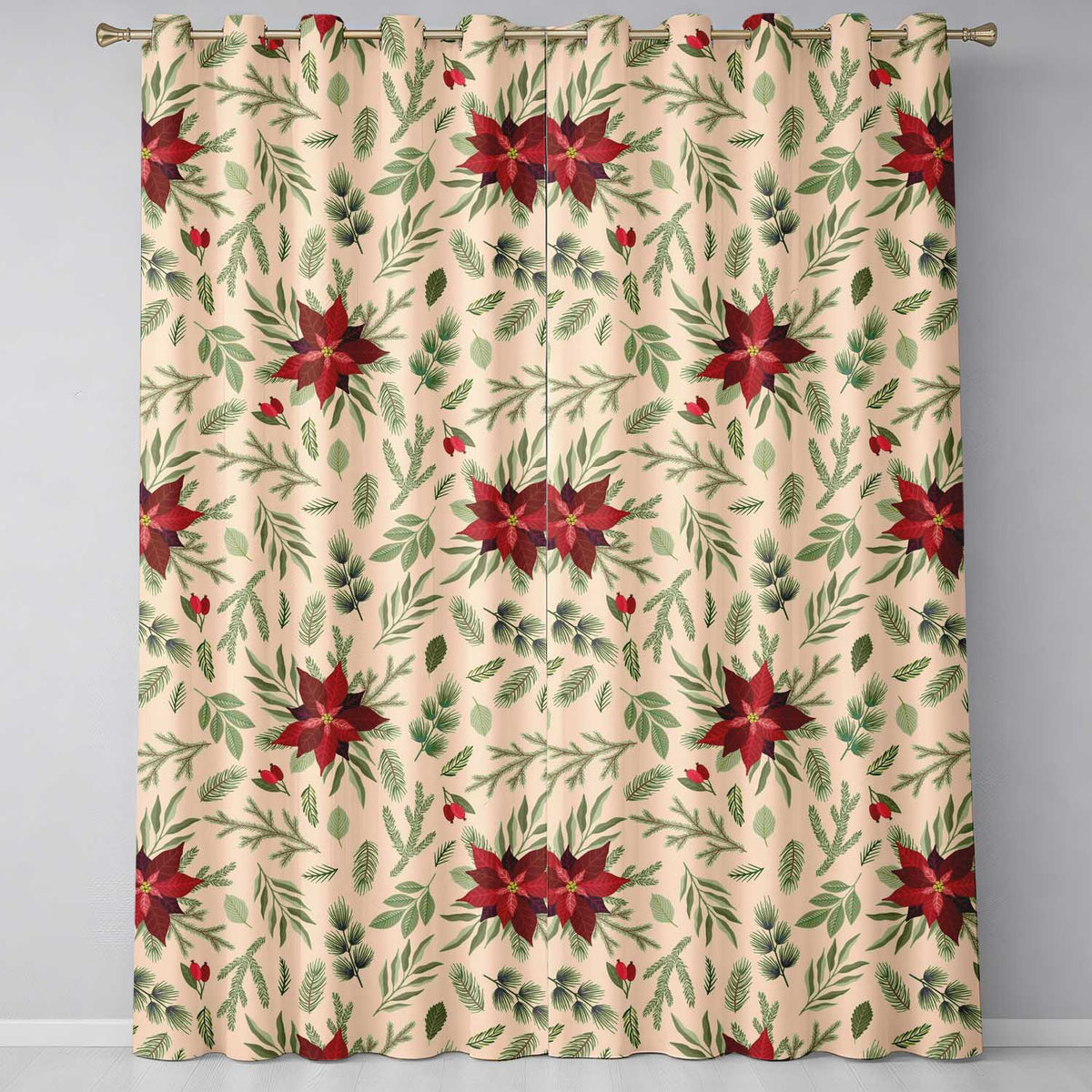 Minimal Poinsettia Botanical Christmas Curtain Draperies Readymade Eyelet Ring Top Thermal 100% Blackout Curtains