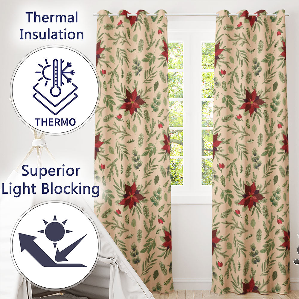 Minimal Poinsettia Botanical Christmas Curtain Draperies Readymade Eyelet Ring Top Thermal 100% Blackout Curtains