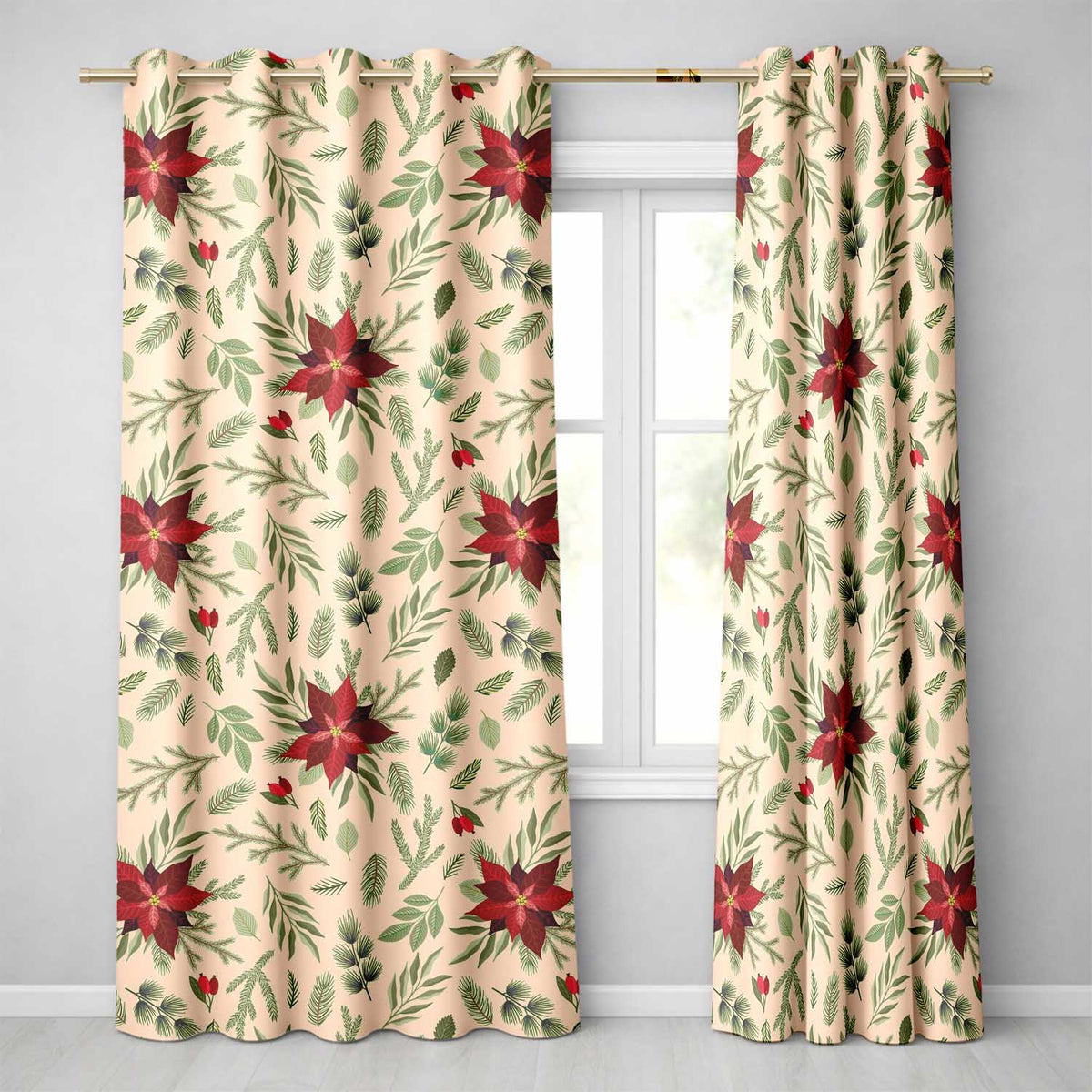 Minimal Poinsettia Botanical Christmas Curtain Draperies Readymade Eyelet Ring Top Thermal 100% Blackout Curtains
