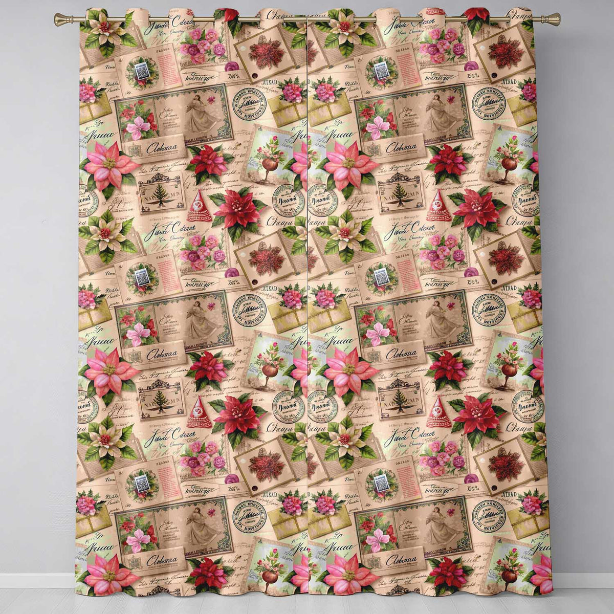Vintage Christmas Stamps with Trees Snowflakes and Festive Scenes Readymade Eyelet Ring Top Thermal 100% Blackout Curtains