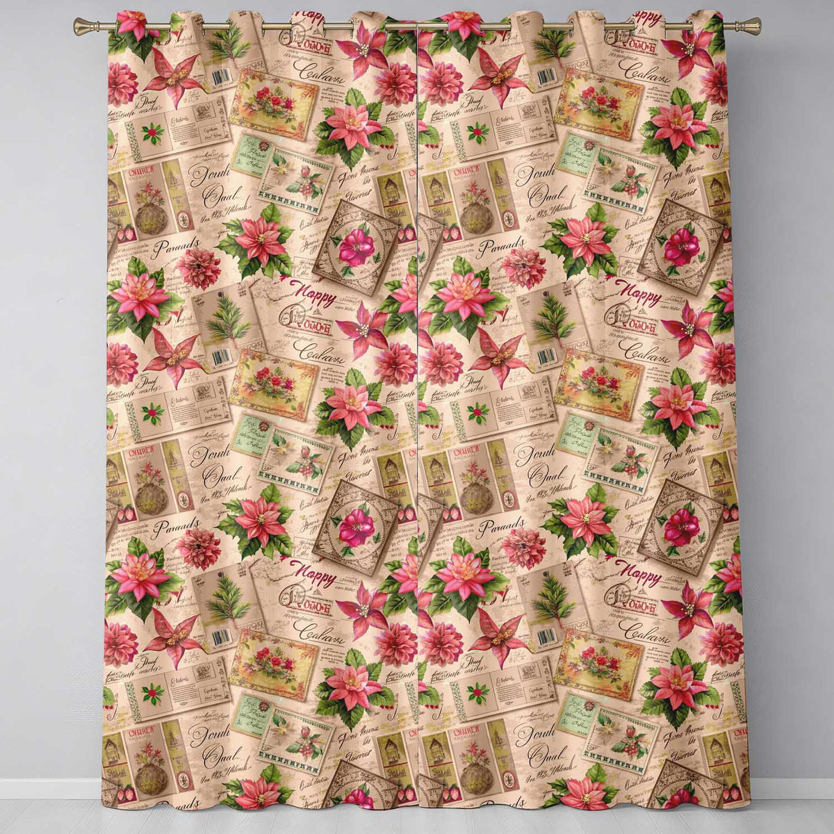 Antique Christmas Collage with Floral Cards and Holiday Decorations Readymade Eyelet Ring Top Thermal 100% Blackout Curtains
