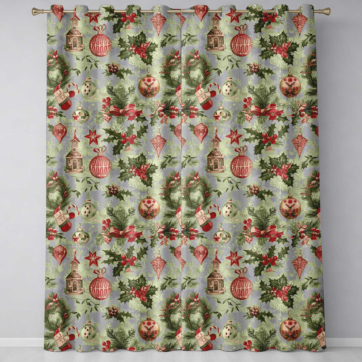 Rustic Christmas Wreath Bells Pine Branches Baubles and Snowy Village Readymade Eyelet Ring Top Thermal 100% Blackout Curtains