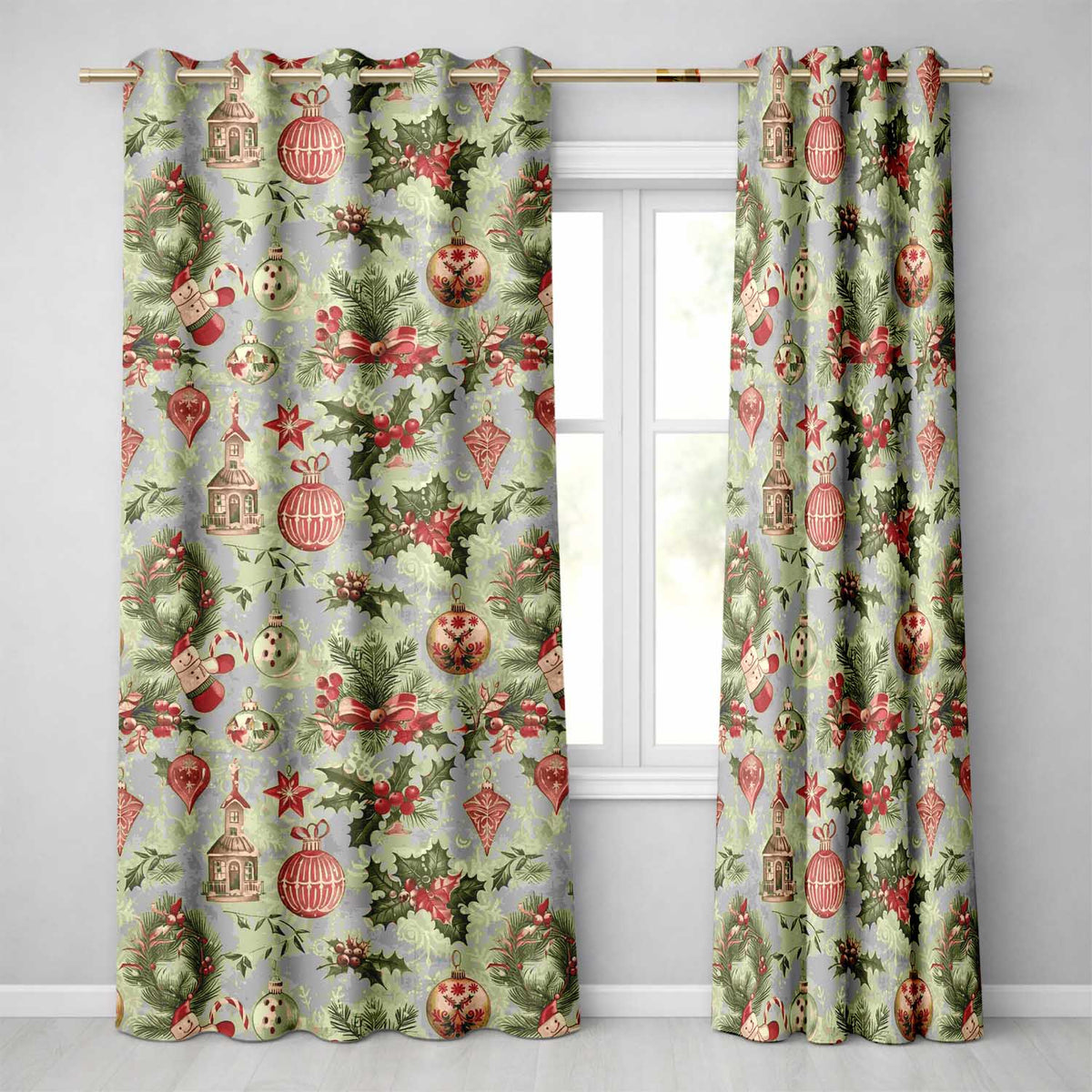 Rustic Christmas Wreath Bells Pine Branches Baubles and Snowy Village Readymade Eyelet Ring Top Thermal 100% Blackout Curtains