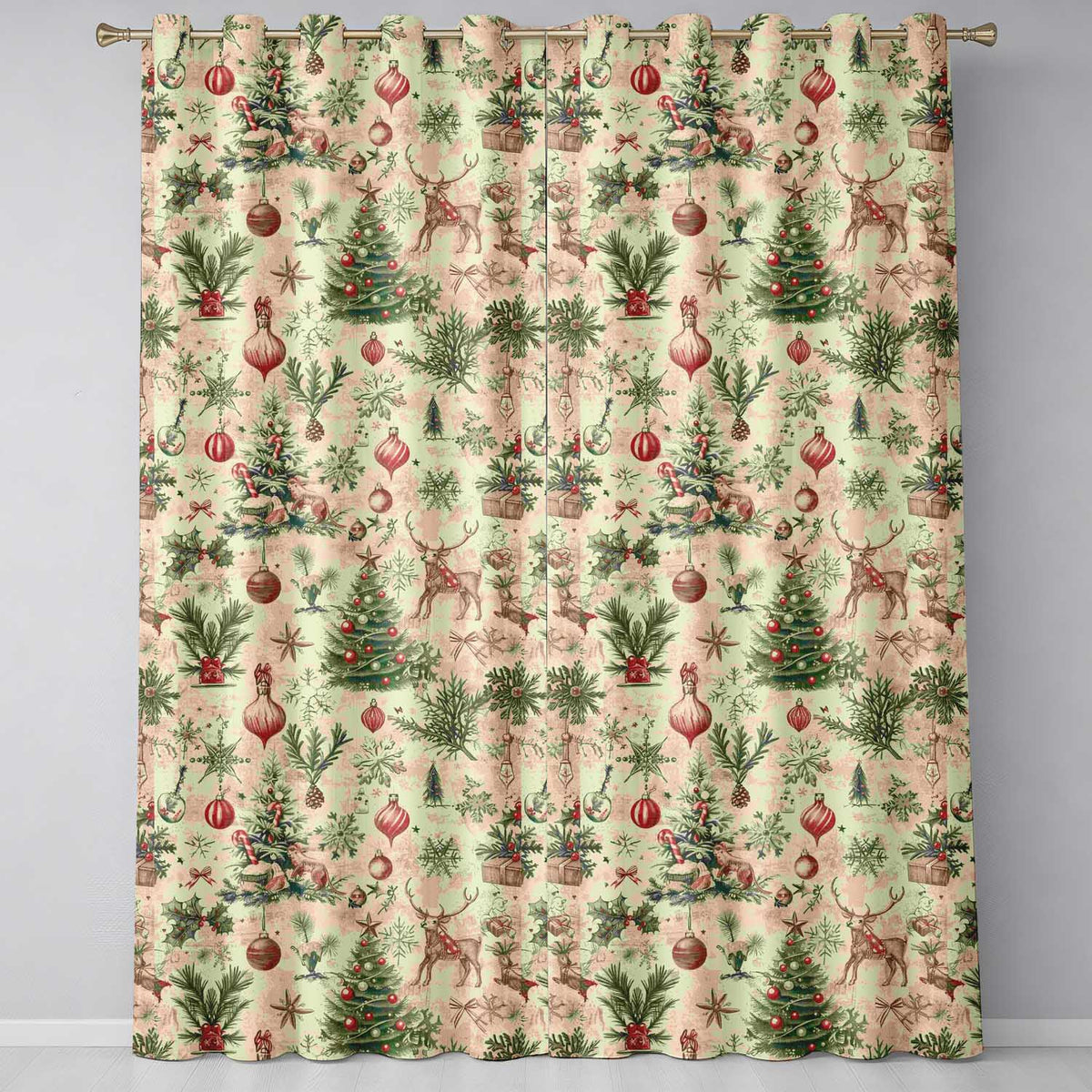 Elegant Christmas Floral Holly Ornaments Snowflakes and Festive Decor Readymade Eyelet Ring Top Thermal 100% Blackout Curtains