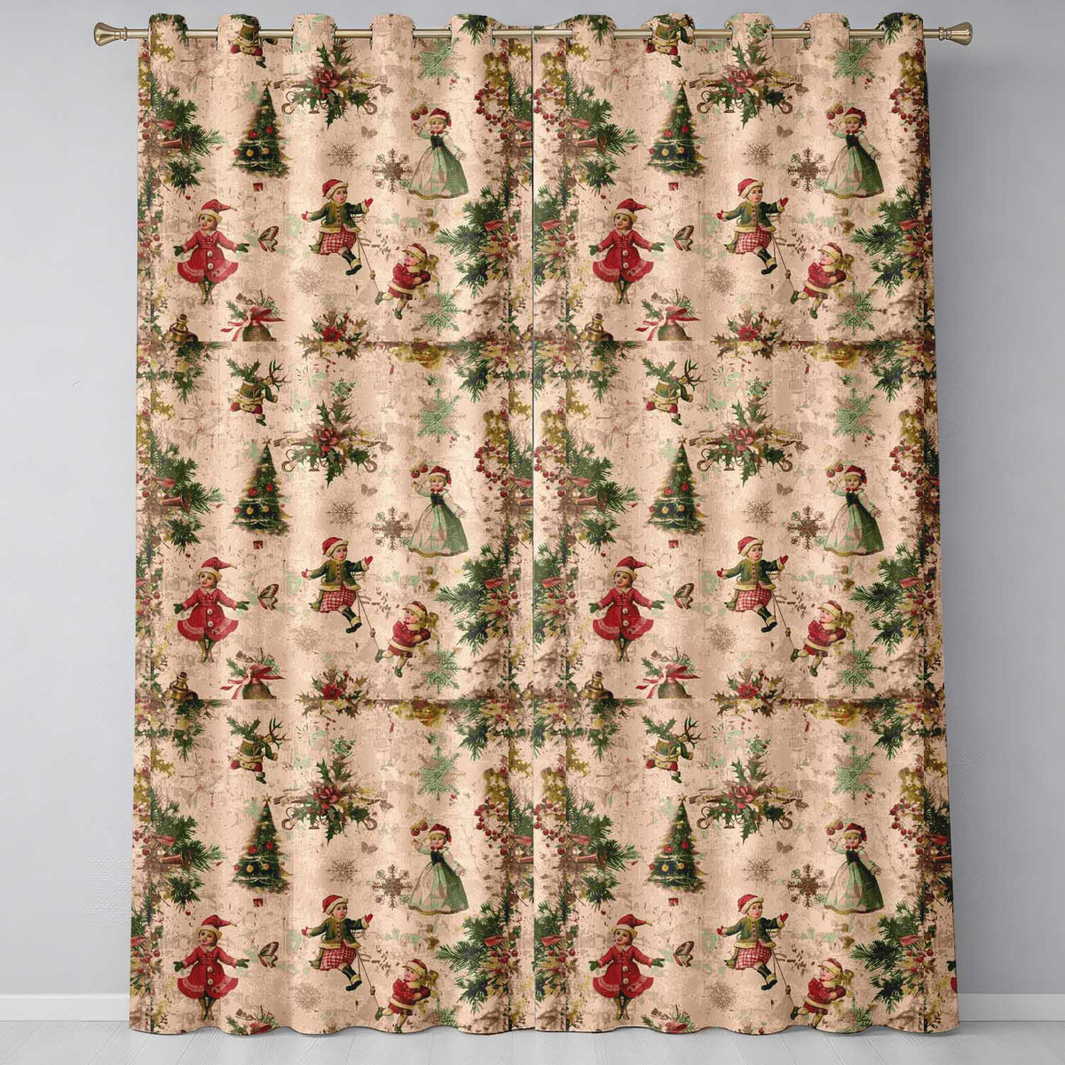 Vintage Woodland Christmas Tree Deer Fox Ornaments and Snowflakes Readymade Eyelet Ring Top Thermal 100% Blackout Curtains
