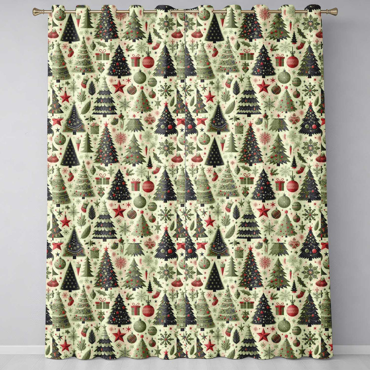 Victorian Style Christmas Children Tree Holly and Festive Holiday Elements Readymade Eyelet Ring Top Thermal 100% Blackout Curtains