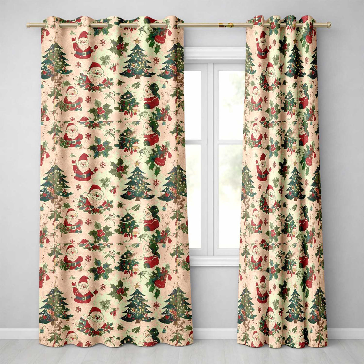 Rustic Santa Claus Christmas Pine Branches Baubles Vintage Holiday Readymade Eyelet Ring Top Thermal 100% Blackout Curtains