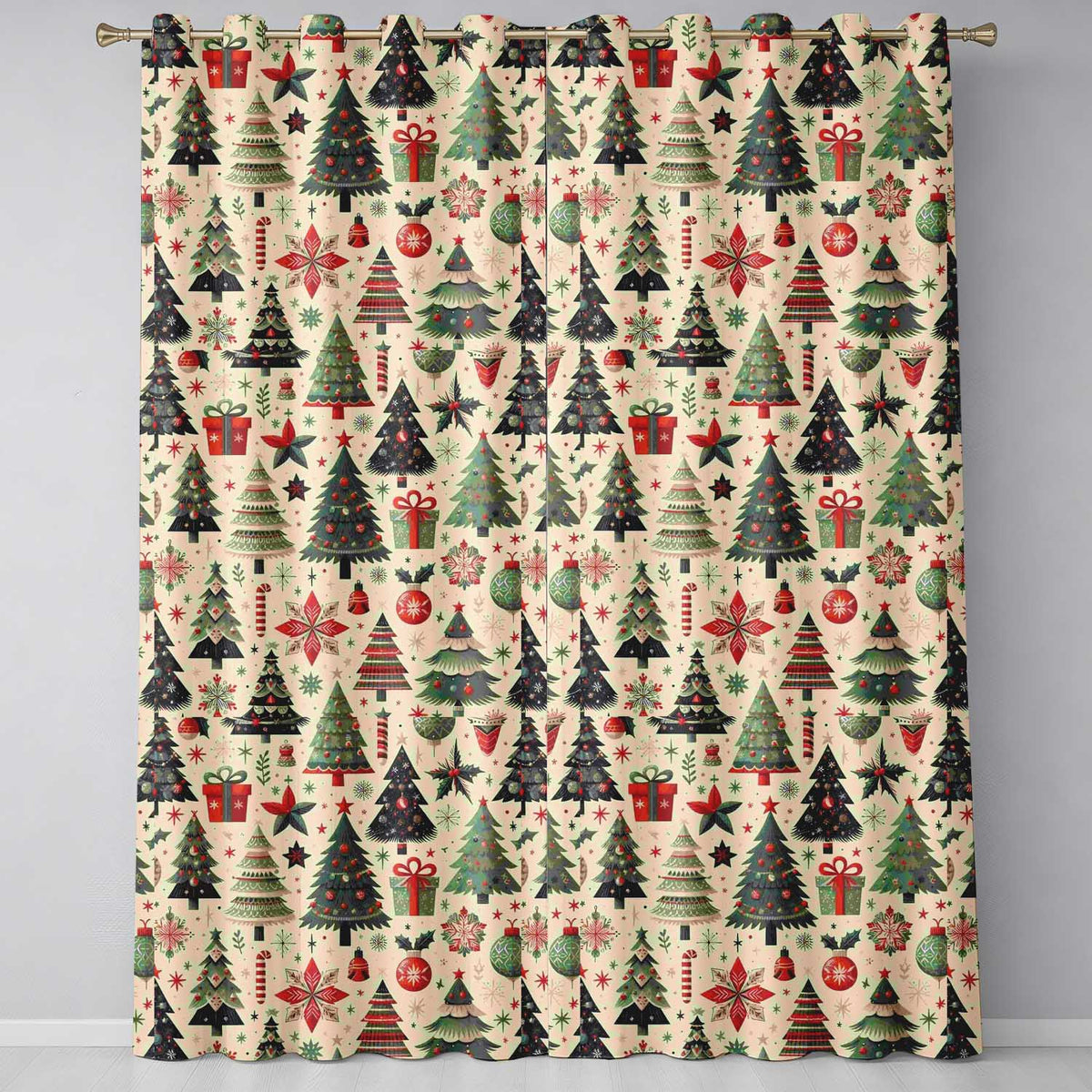 Modern Christmas Trees Gifts Stars Ornaments Festive Seamless Pattern Readymade Eyelet Ring Top Thermal 100% Blackout Curtains