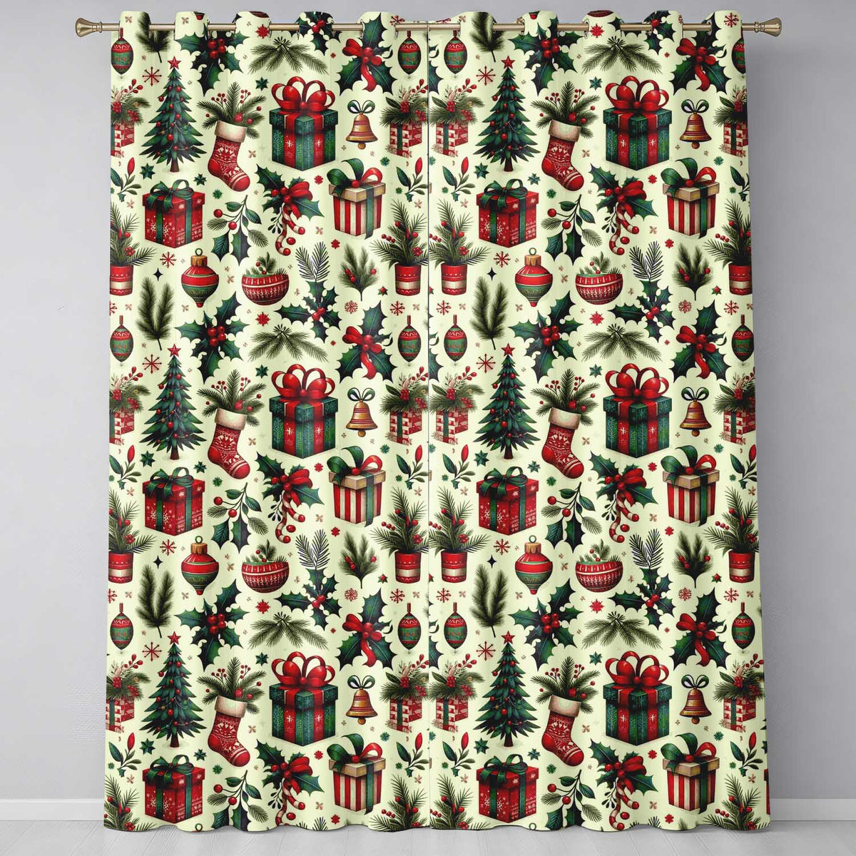 Festive Christmas Gifts Stockings Holly Leaves Bells Seamless Pattern Readymade Eyelet Ring Top Thermal 100% Blackout Curtains