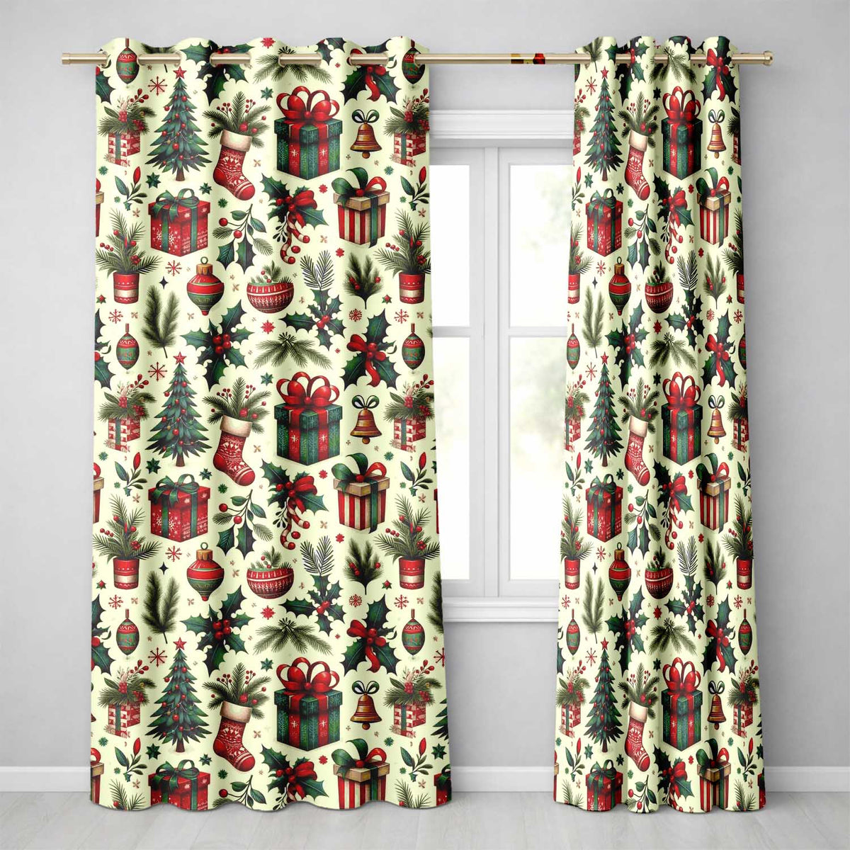 Festive Christmas Gifts Stockings Holly Leaves Bells Seamless Pattern Readymade Eyelet Ring Top Thermal 100% Blackout Curtains