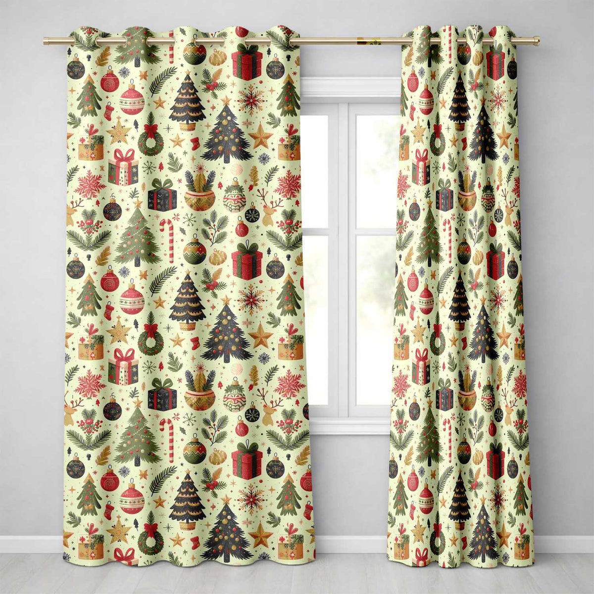 Vintage Christmas Trees Gifts Baubles Candy Cane Festive Seamless Pattern Readymade Eyelet Ring Top Thermal 100% Blackout Curtains