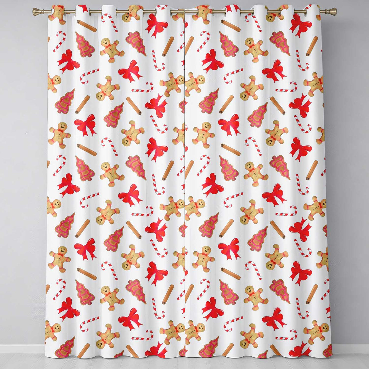 Gingerbread Cookies Candy Cane Red Bow Sweet Seamless Pattern Readymade Eyelet Ring Top Thermal 100% Blackout Curtains