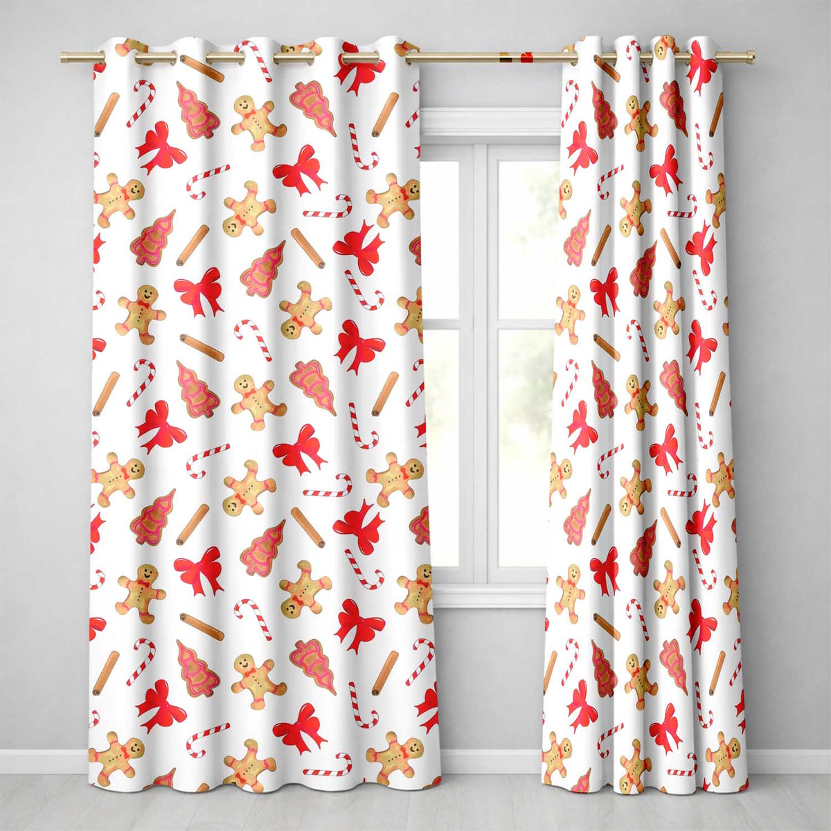 Gingerbread Cookies Candy Cane Red Bow Sweet Seamless Pattern Readymade Eyelet Ring Top Thermal 100% Blackout Curtains