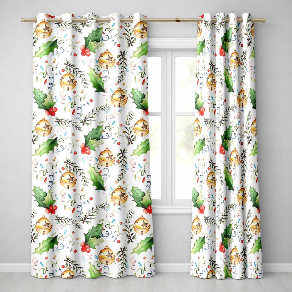 Festive Holly Leaves Bells Pine Branch Confetti Seamless Pattern Readymade Eyelet Ring Top Thermal 100% Blackout Curtains