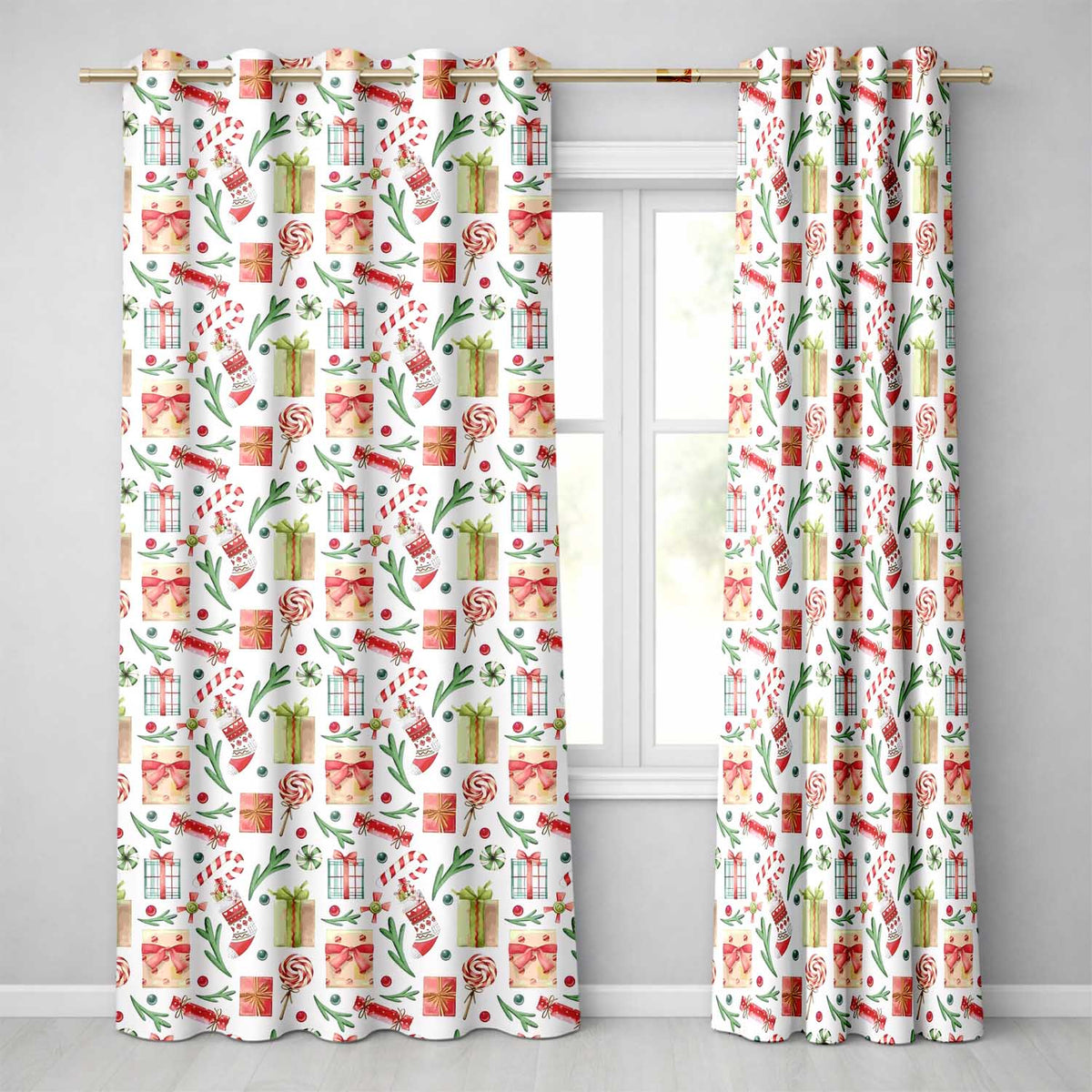 Christmas Gifts Candy Lollipop Stockings Seamless Pattern Readymade Eyelet Ring Top Thermal 100% Blackout Curtains