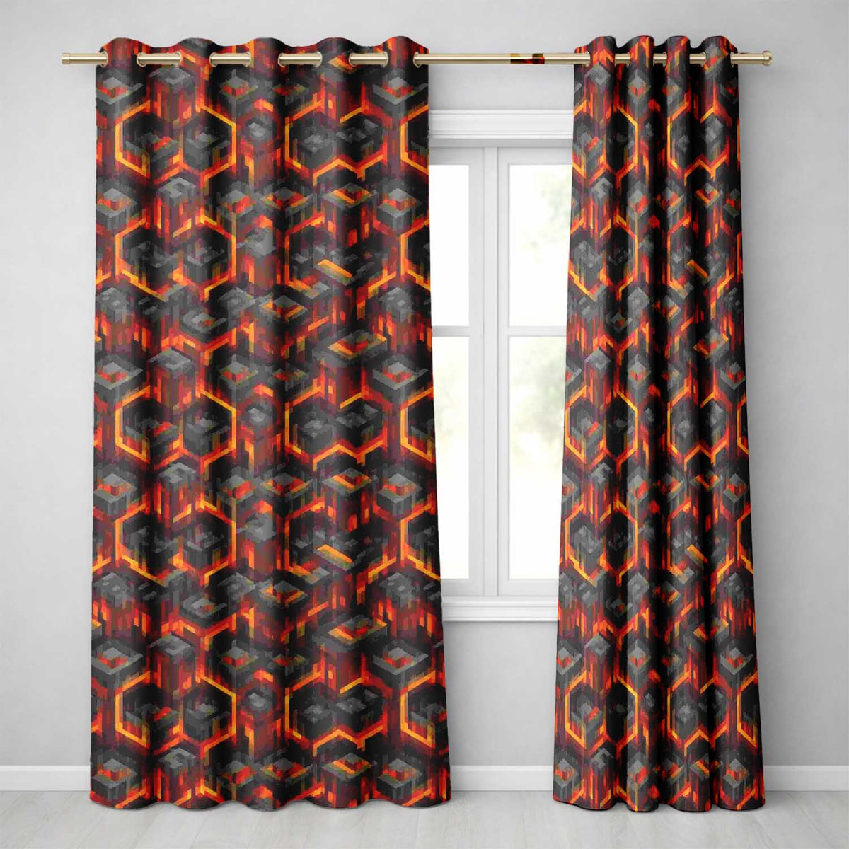 Fiery Lava Cube Geometric Abstract Seamless Pattern Readymade Eyelet Ring Top Thermal 100% Blackout Curtains