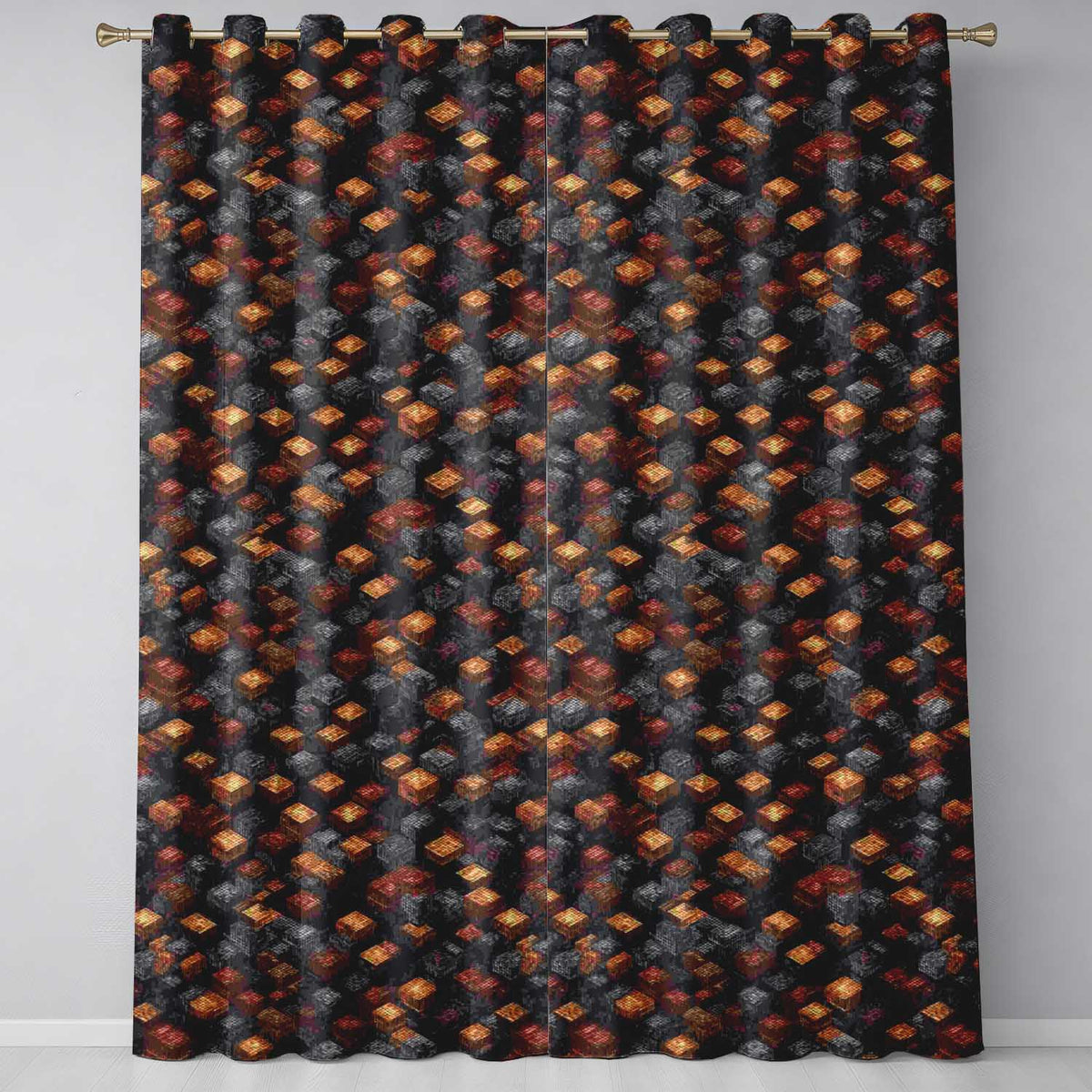 Rust Grey Pixel Cube Grid Abstract Seamless Pattern Readymade Eyelet Ring Top Thermal 100% Blackout Curtains