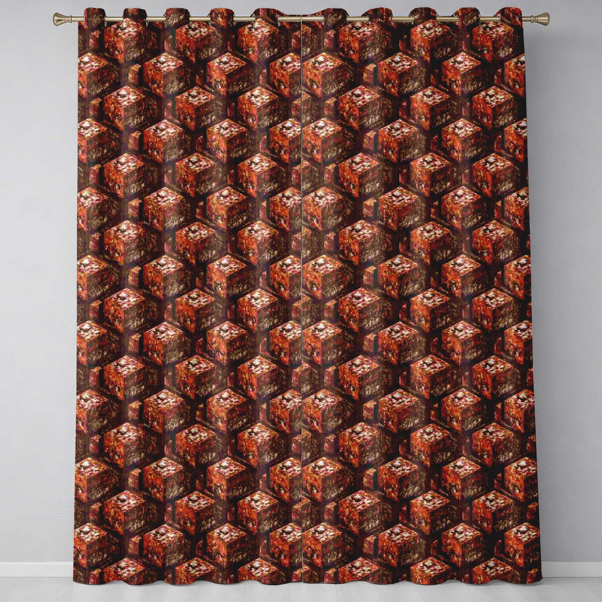Rustic Brown Stone Cube Texture Abstract Seamless Pattern Readymade Eyelet Ring Top Thermal 100% Blackout Curtains