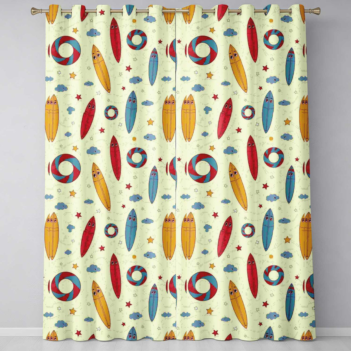 Cute Surfboards Lifebuoys Clouds and Stars Fun Summer Beach Seamless Pattern Readymade Eyelet Ring Top Thermal 100% Blackout Curtains