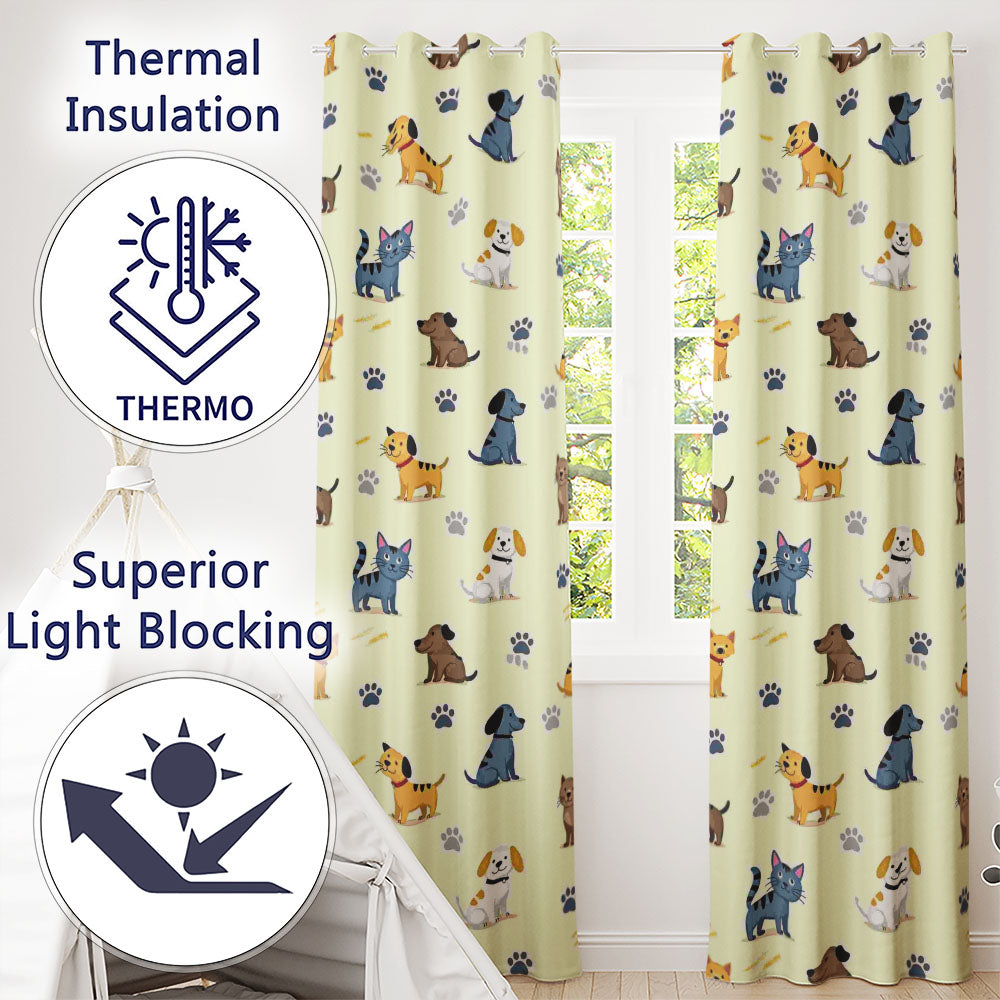 Cute Dogs and Cats with Paw Prints Playful Pet Seamless Pattern Readymade Eyelet Ring Top Thermal 100% Blackout Curtains