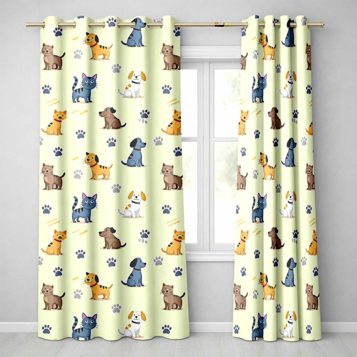 Cute Dogs and Cats with Paw Prints Playful Pet Seamless Pattern Readymade Eyelet Ring Top Thermal 100% Blackout Curtains