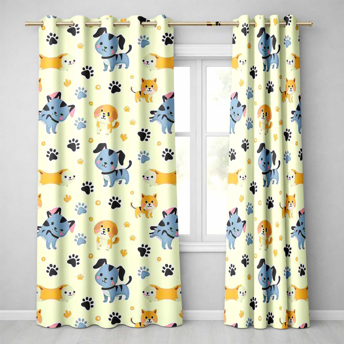 Cute Cartoon Puppies and Paw Prints Kawaii Style Seamless Pattern Readymade Eyelet Ring Top Thermal 100% Blackout Curtains