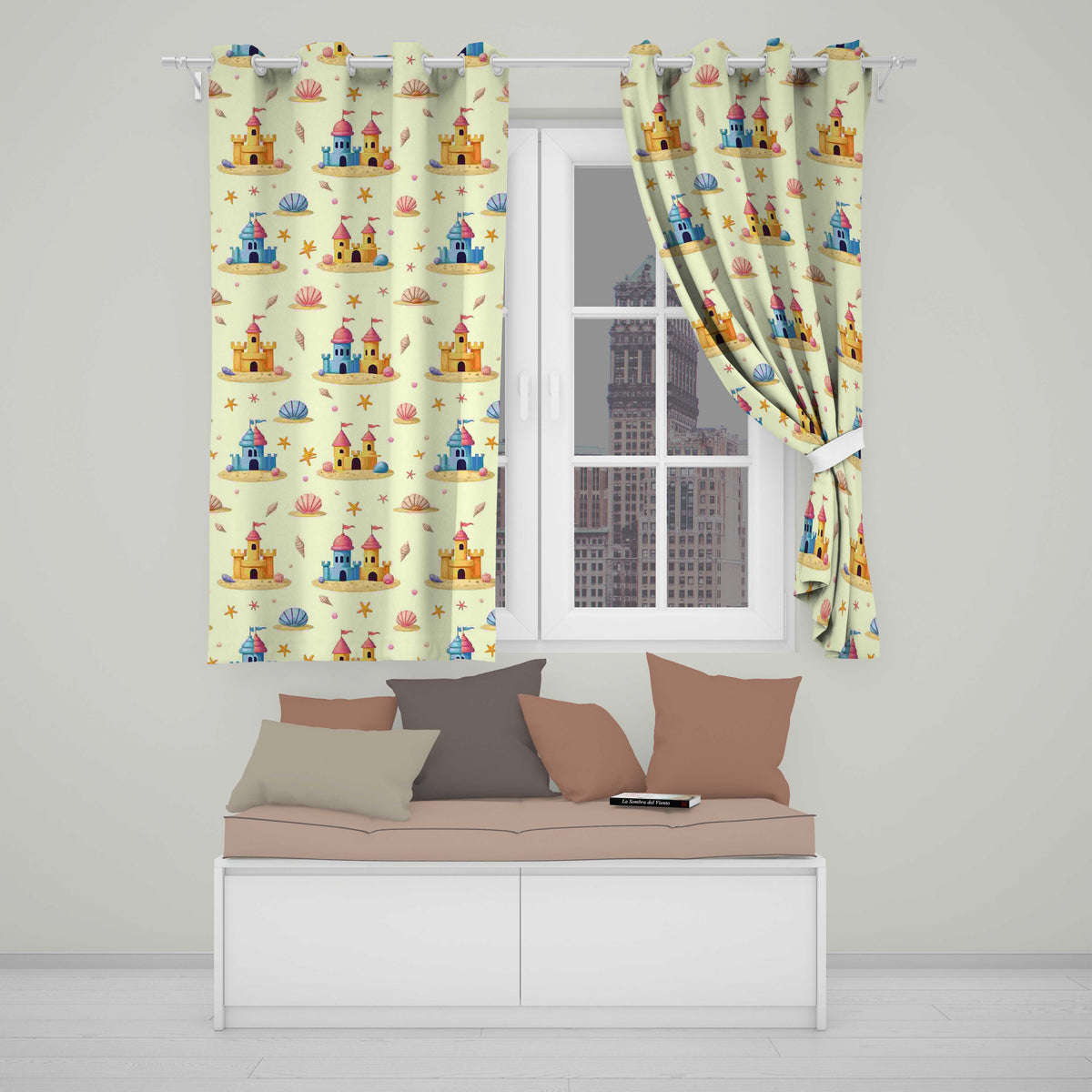 Cute Sandcastles Seashells and Starfish Beach Theme Seamless Pattern Readymade Eyelet Ring Top Thermal 100% Blackout Curtains