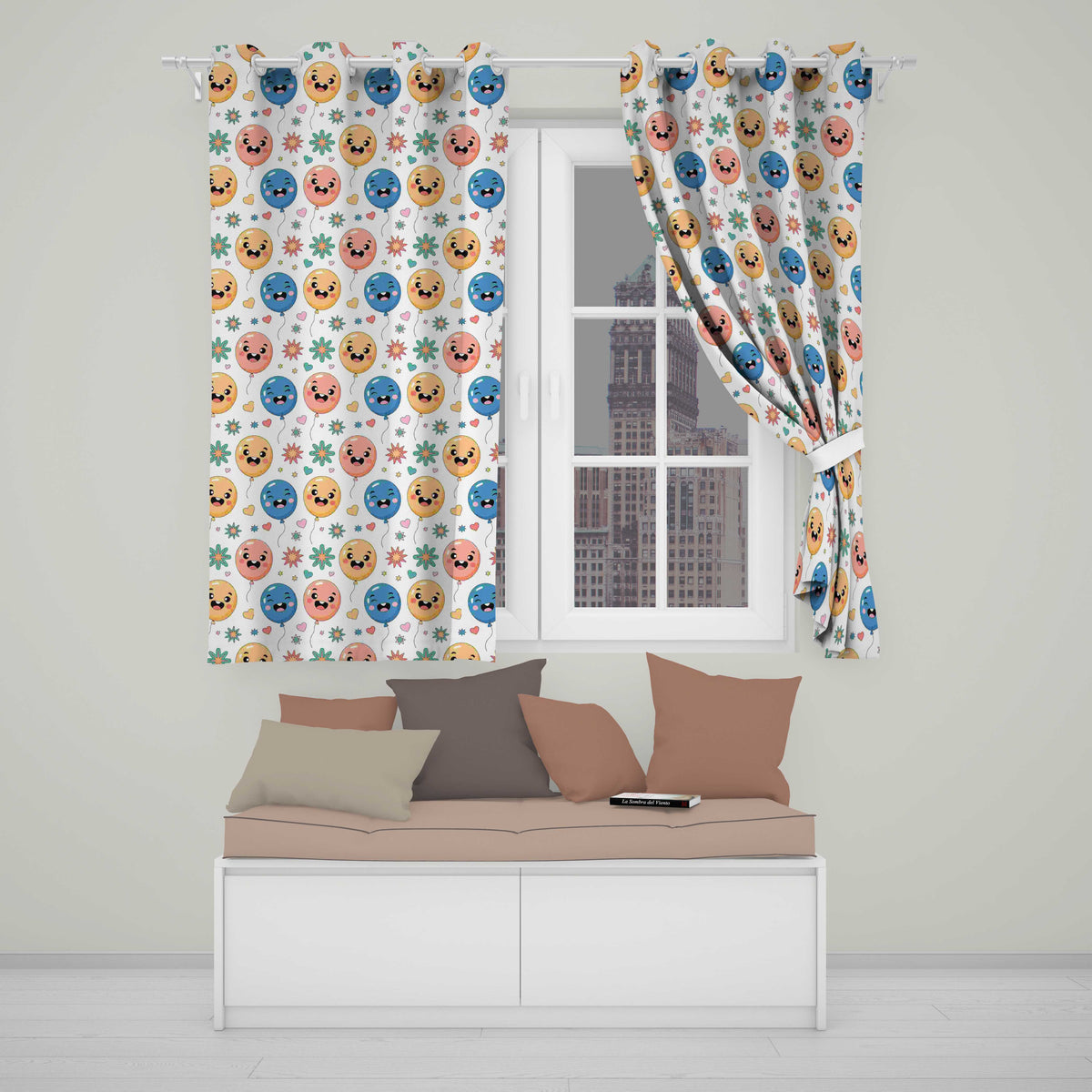 Cute Smiling Balloons Hearts and Stars Fun Party Seamless Pattern Readymade Eyelet Ring Top Thermal 100% Blackout Curtains